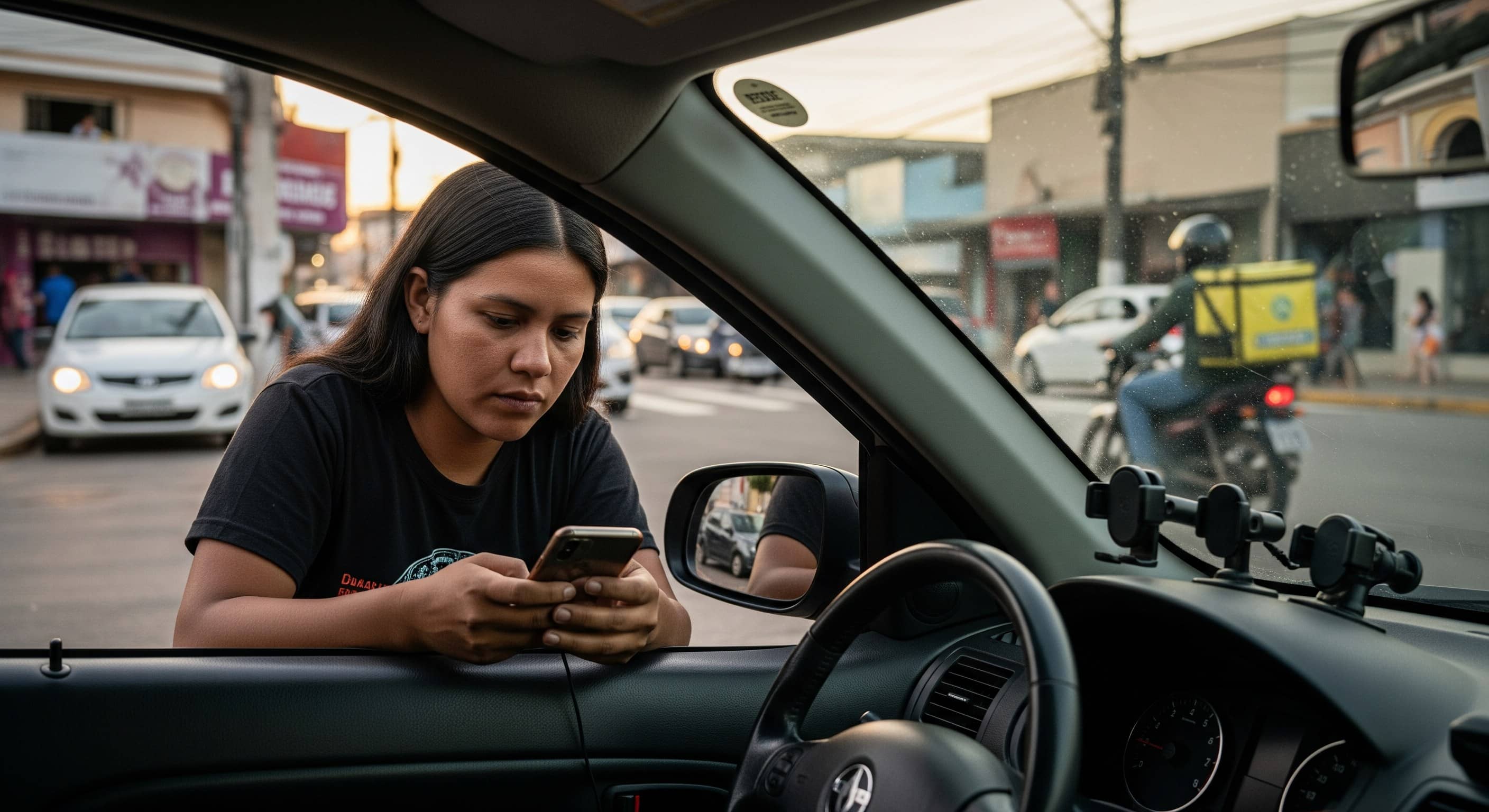 Motorista conferindo o celular na janela do carro, com dois suportes vazios no para-brisa e motoboy ao fundo