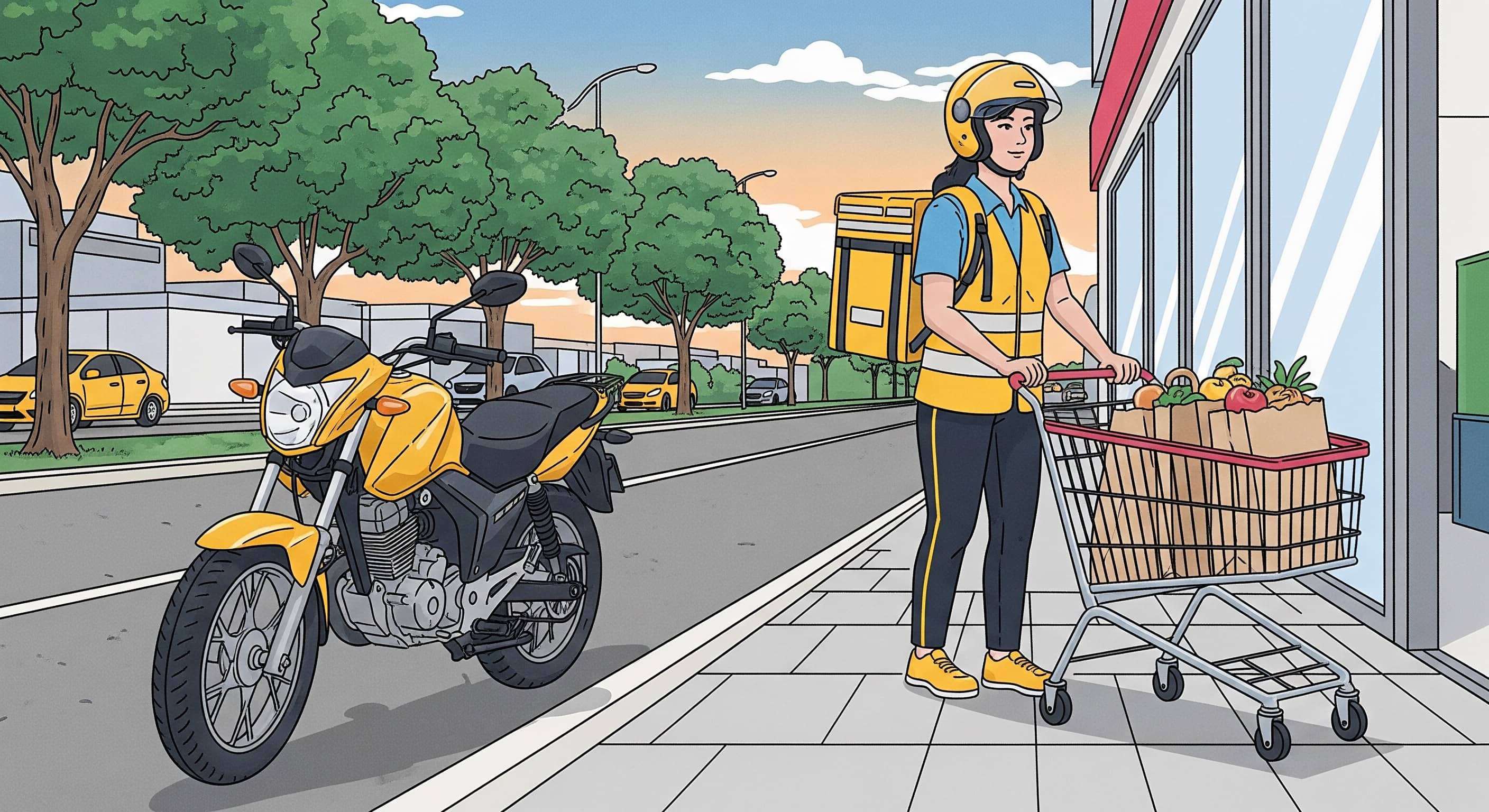 Entregadora com mochila amarela e colete refletivo empurra carrinho de compras ao lado de moto estacionada
