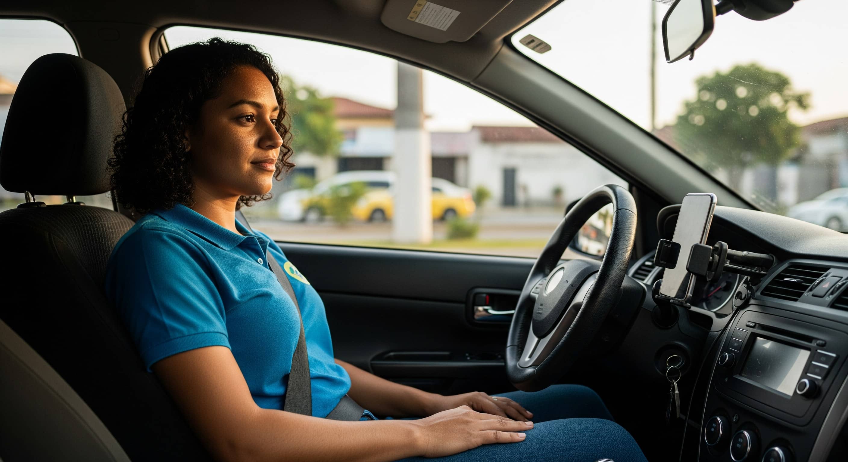 Motorista sentada em carro estacionado ao lado de celular fixo no painel