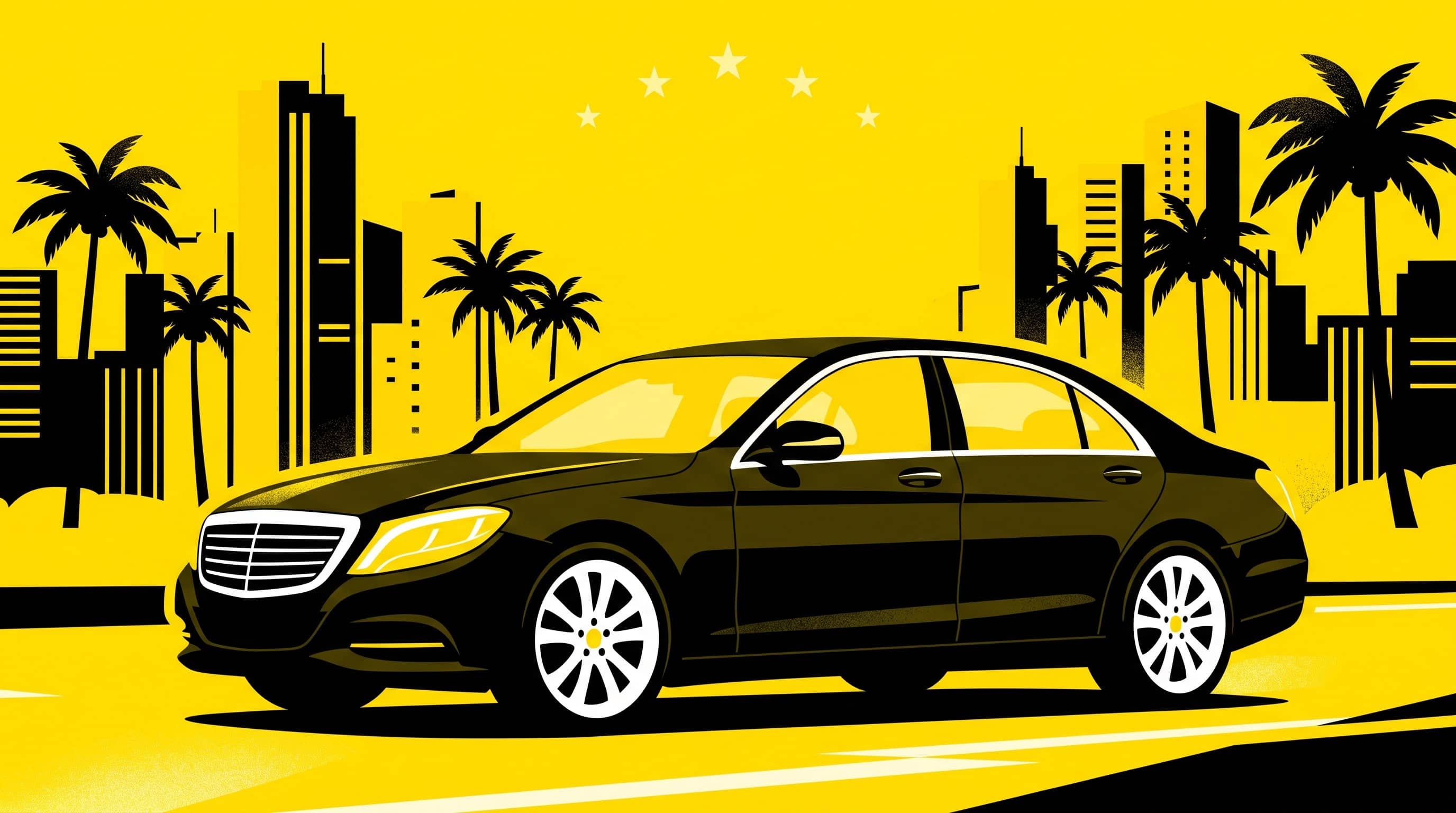 Sedã executivo preto em ilustração amarela com prédios, coqueiros e cinco estrelas no céu