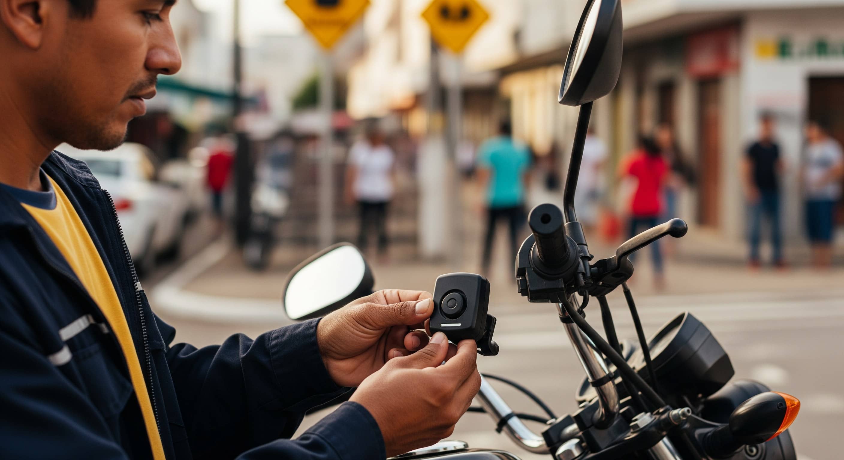 Entregador ativa controle remoto ao lado de moto parada na rua