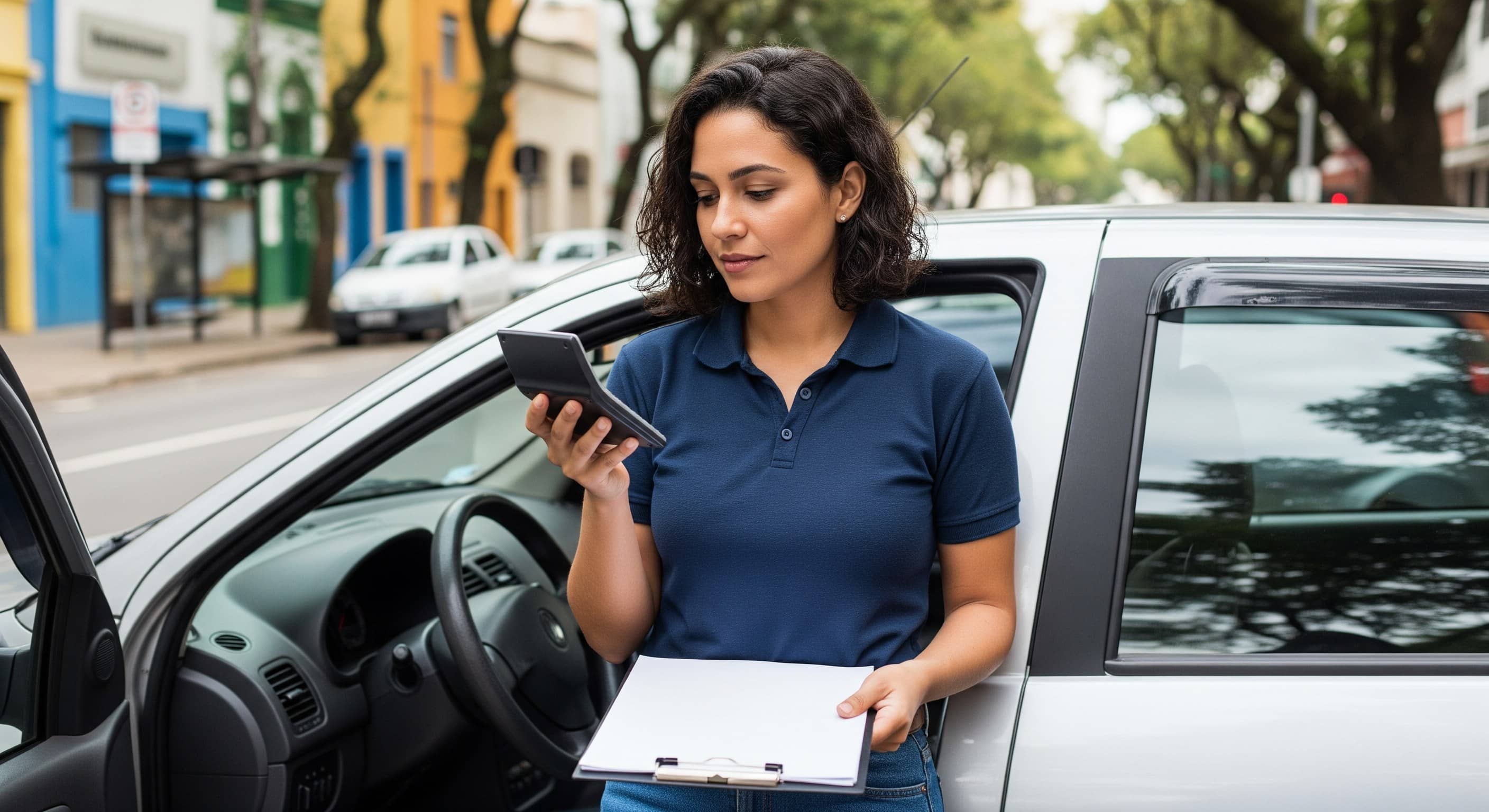 Motorista segura calculadora e prancheta ao lado de carro compacto estacionado