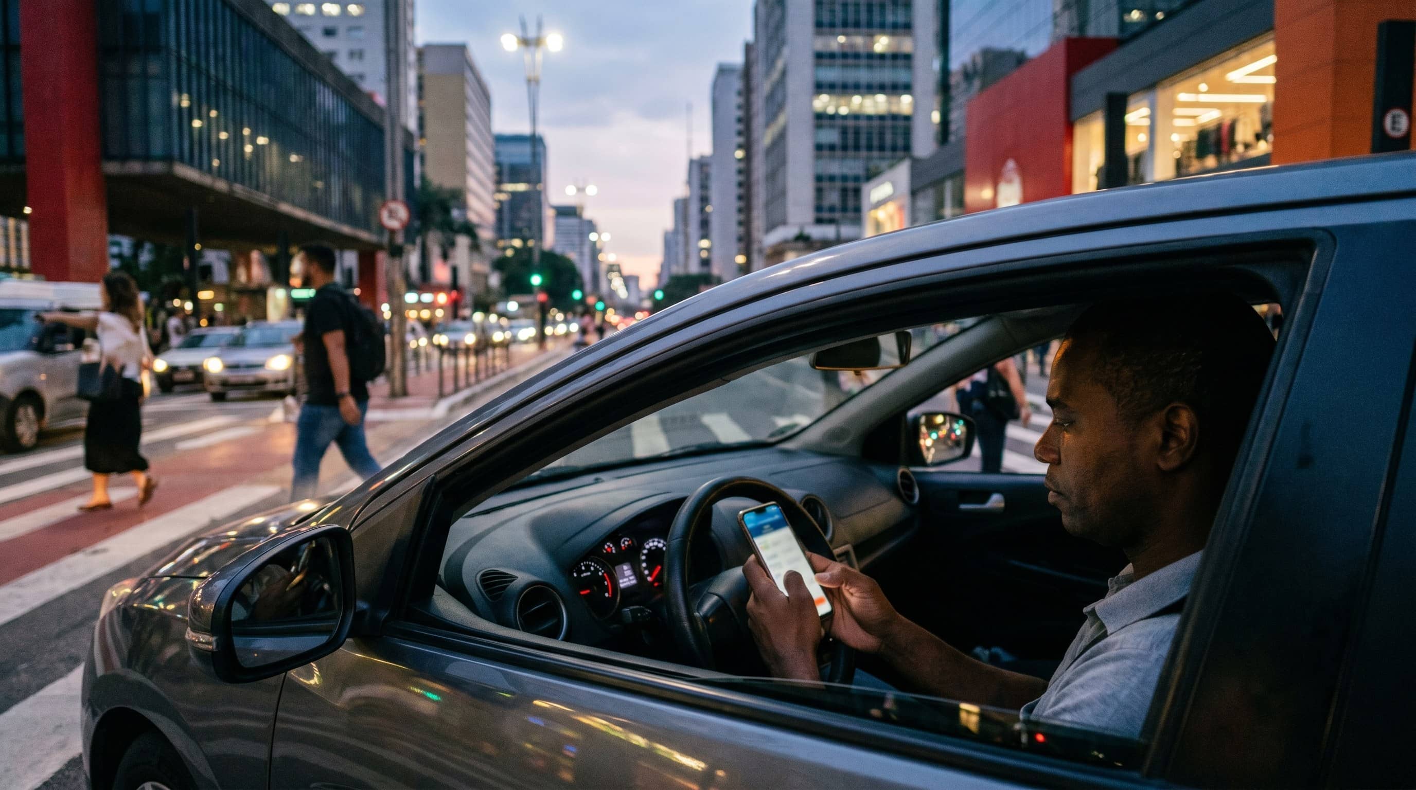 Motorista ao volante em avenida de São Paulo ao entardecer consultando smartphone com o carro parado