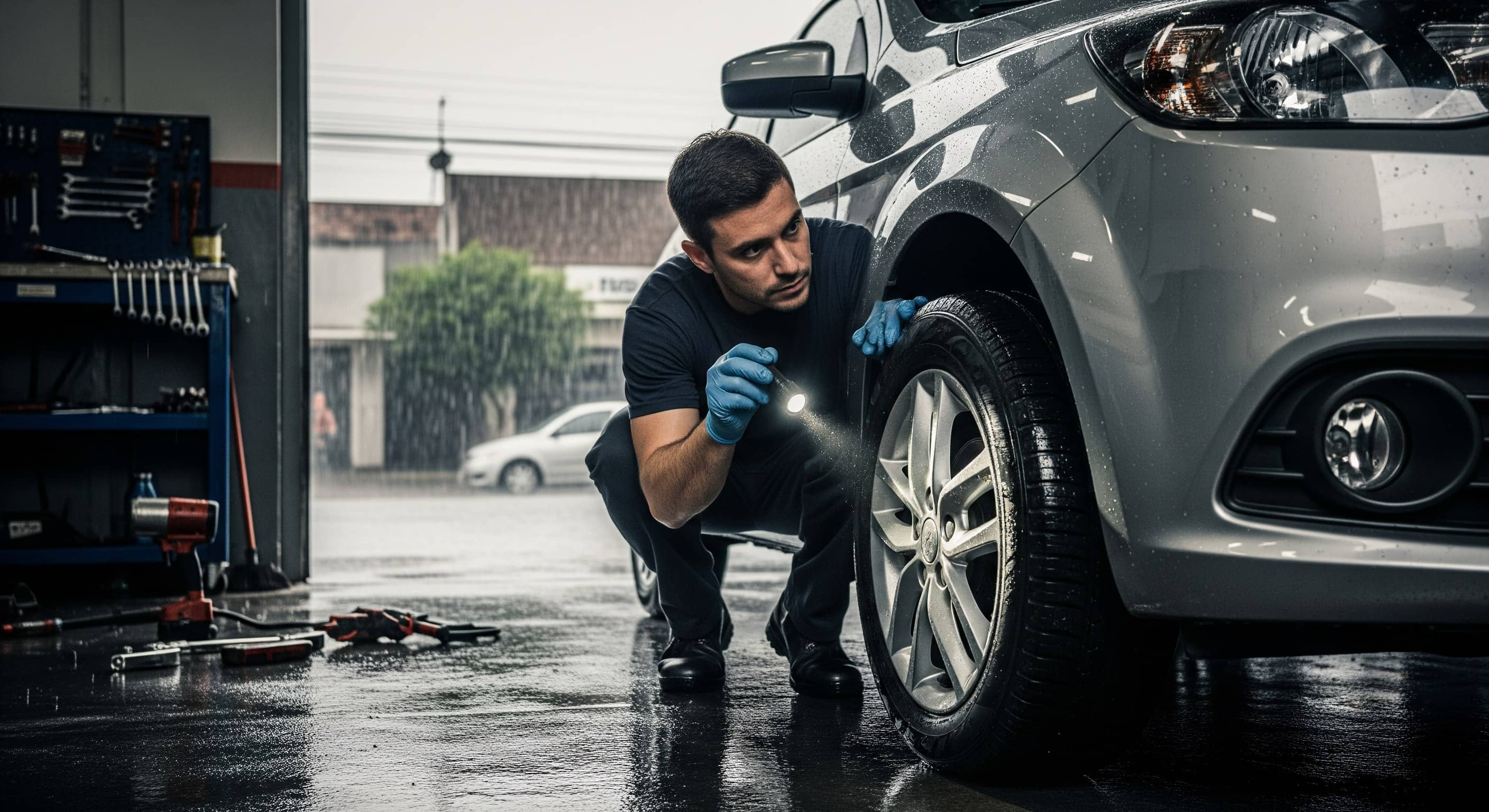 Mecânico inspeciona pneu molhado de carro em oficina durante chuva forte