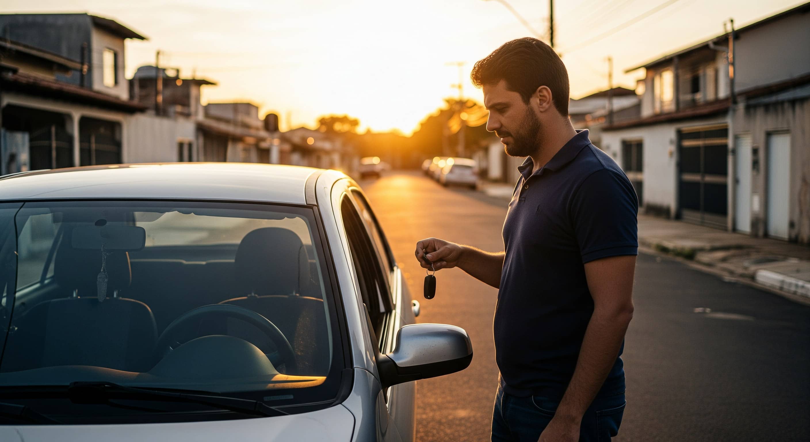 Homem com a chave na mão ao lado de hatch branco em rua residencial ao entardecer