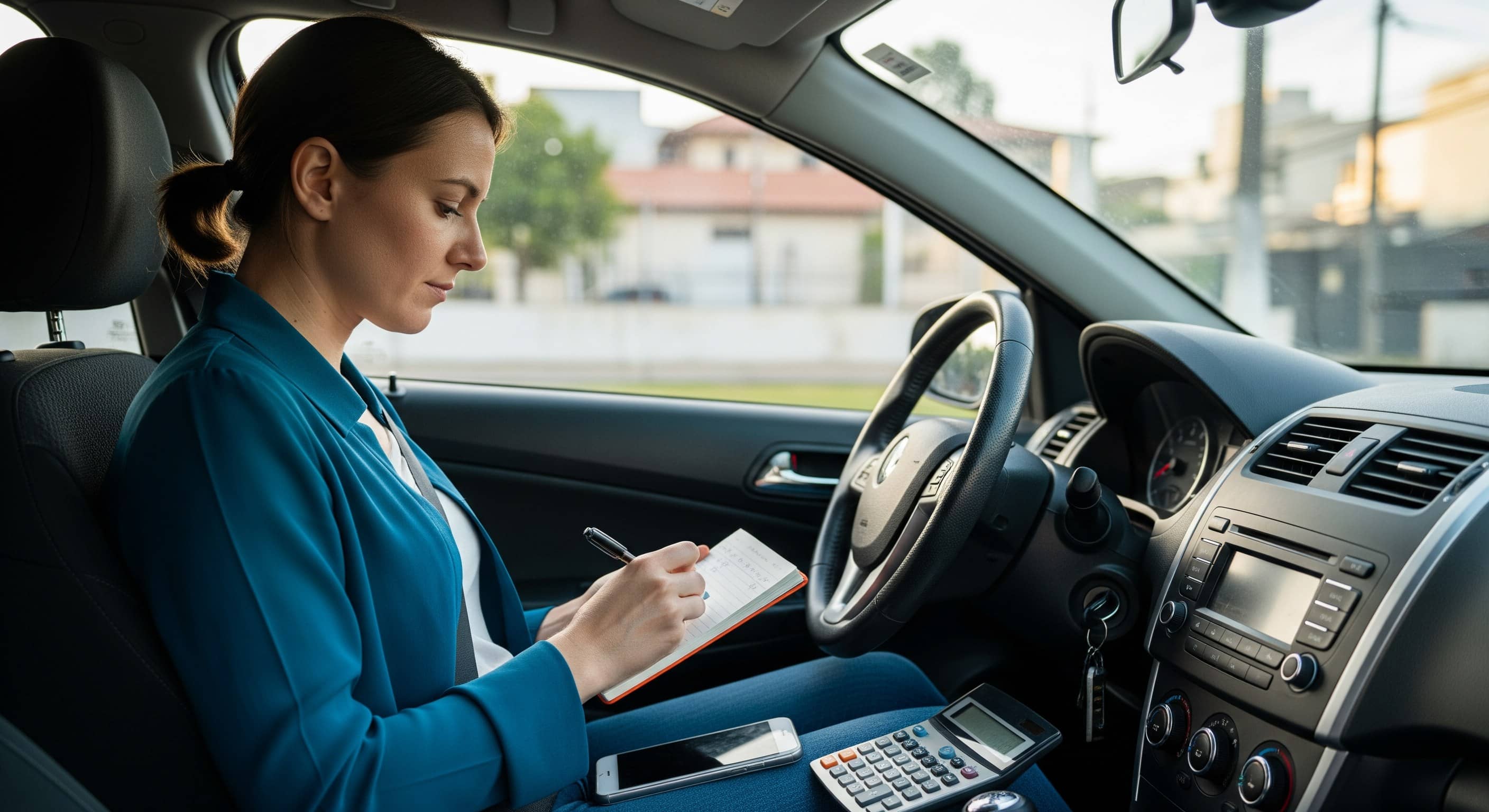 Motorista anota gastos no carro estacionado com calculadora e celular no console