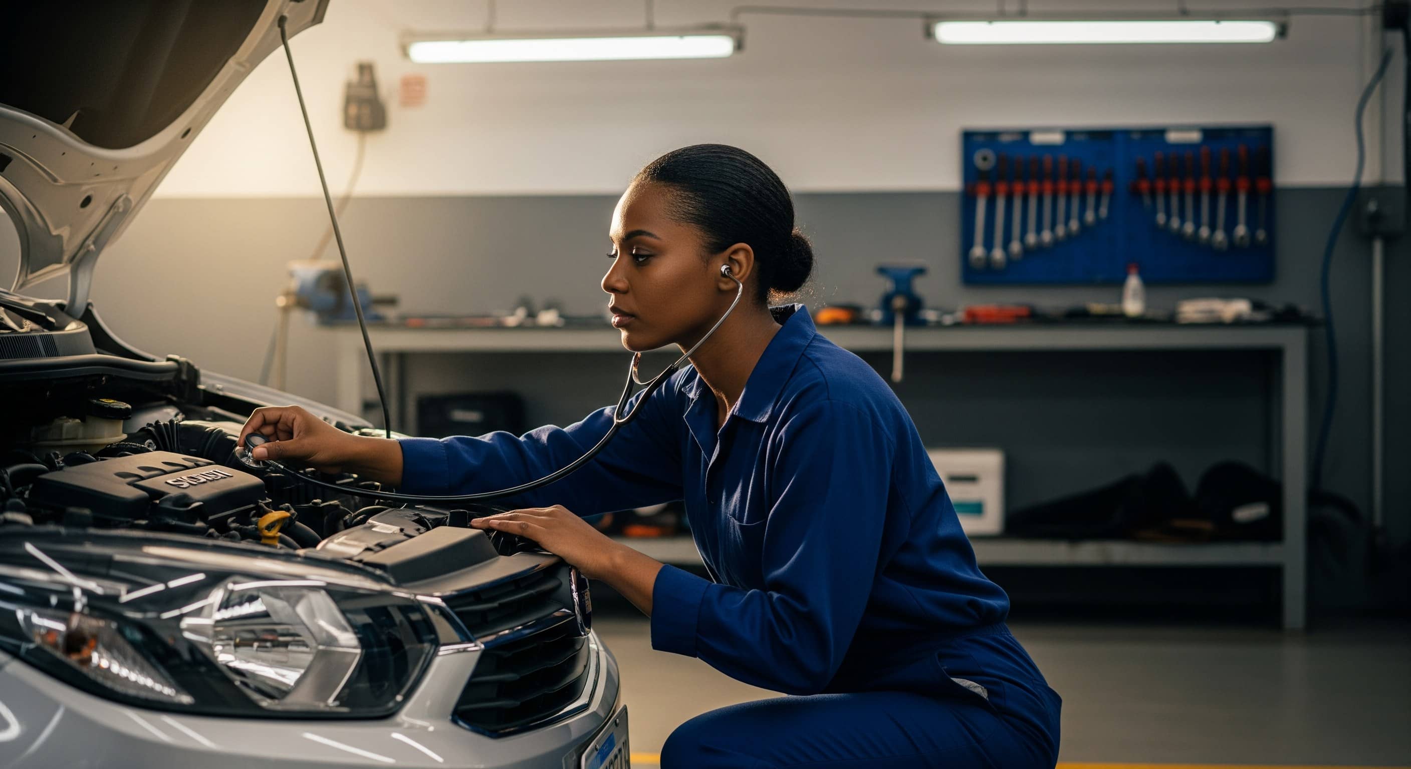 Mecânica agachada usa estetoscópio automotivo para ouvir o motor de um carro popular na oficina