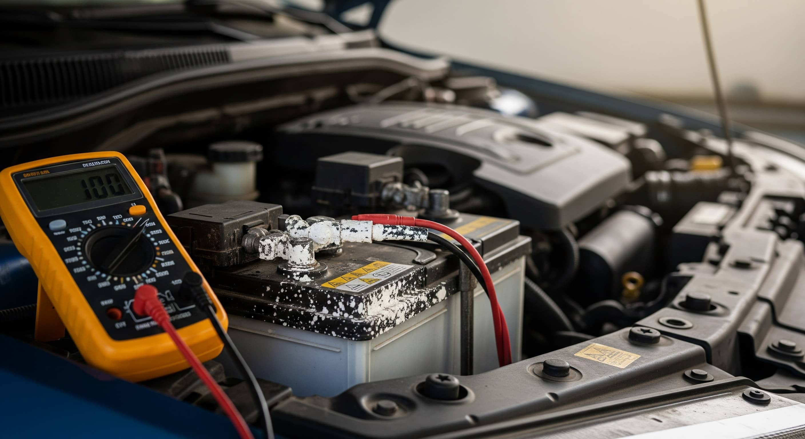 Multímetro ao lado de bateria automotiva com terminais oxidados