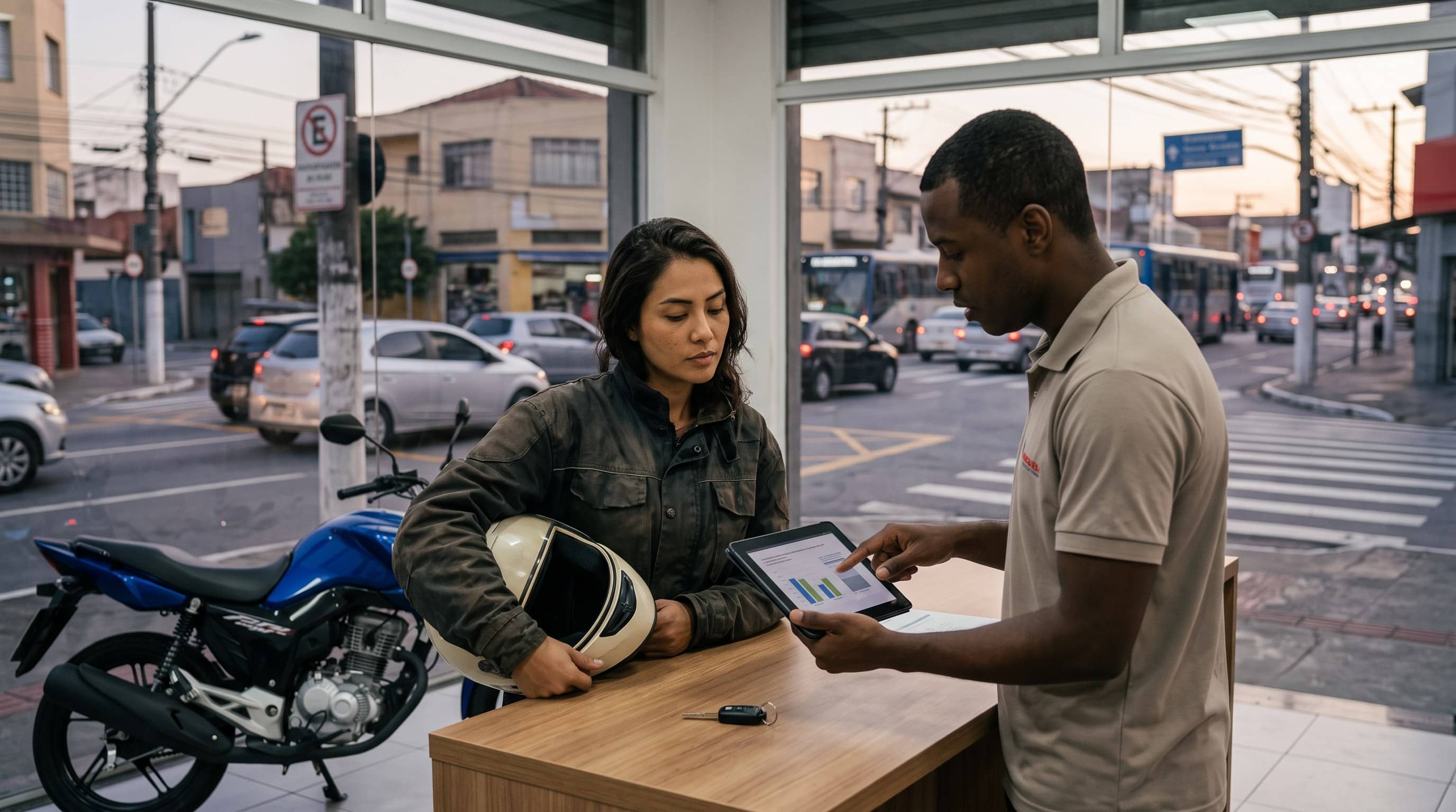 Entregadora compara financiamento de moto com atendente em concessionária ilustrada