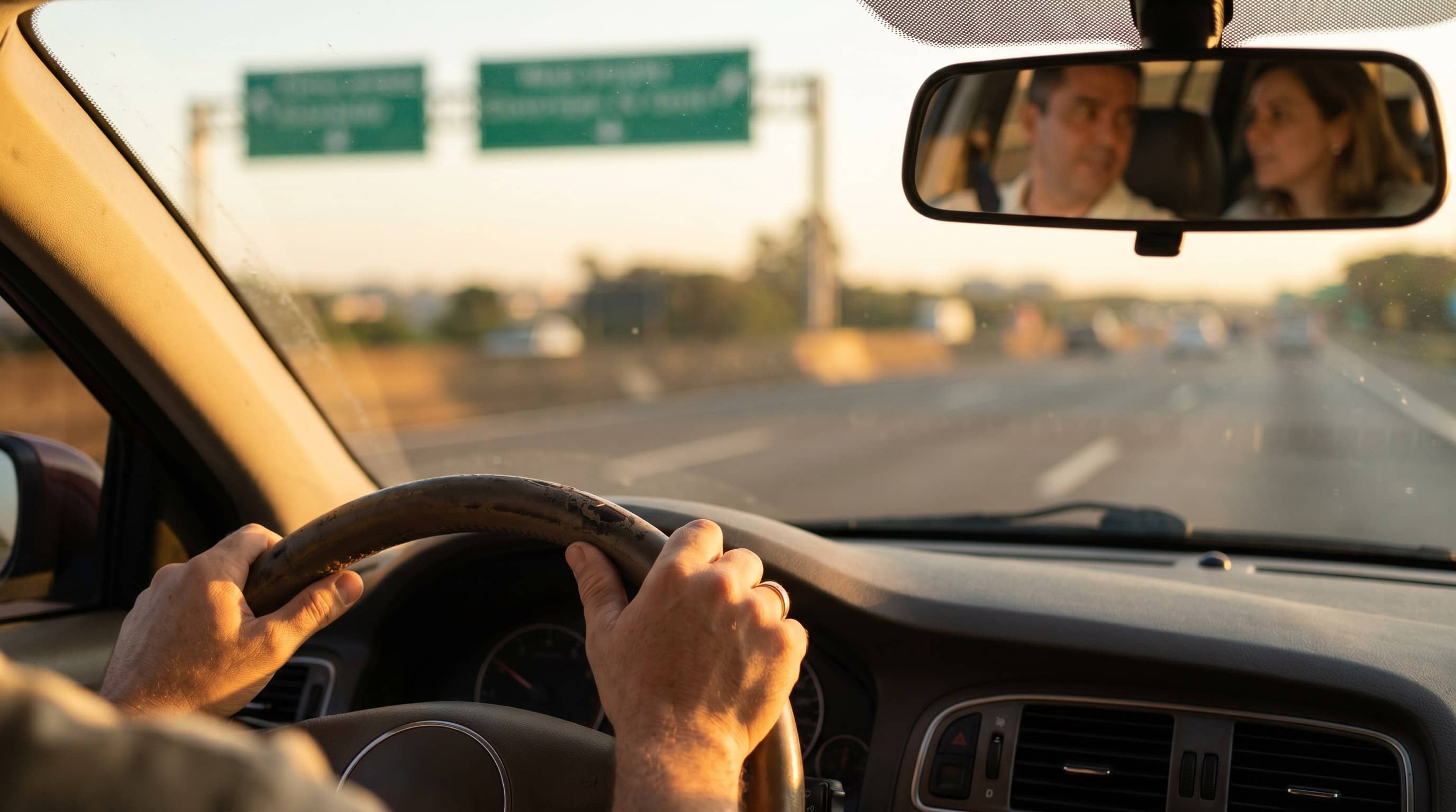 Motorista ao volante em uma rodovia com dois passageiros refletidos no retrovisor