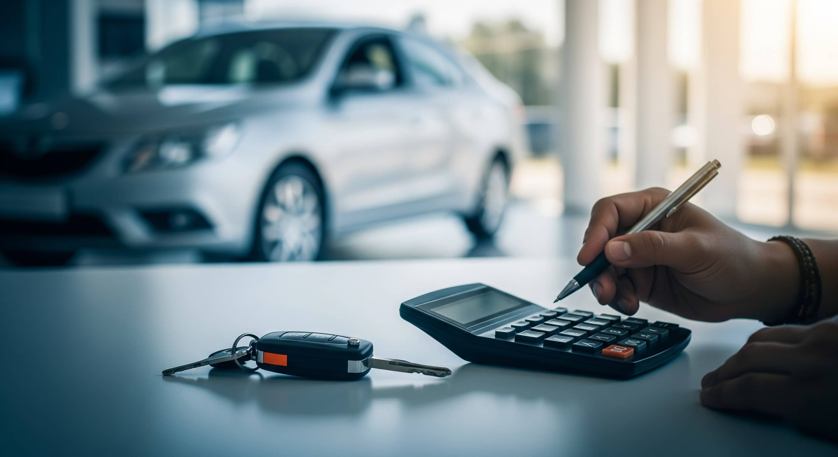 Mão com caneta sobre calculadora ao lado de chave de carro, com sedã prateado desfocado ao fundo