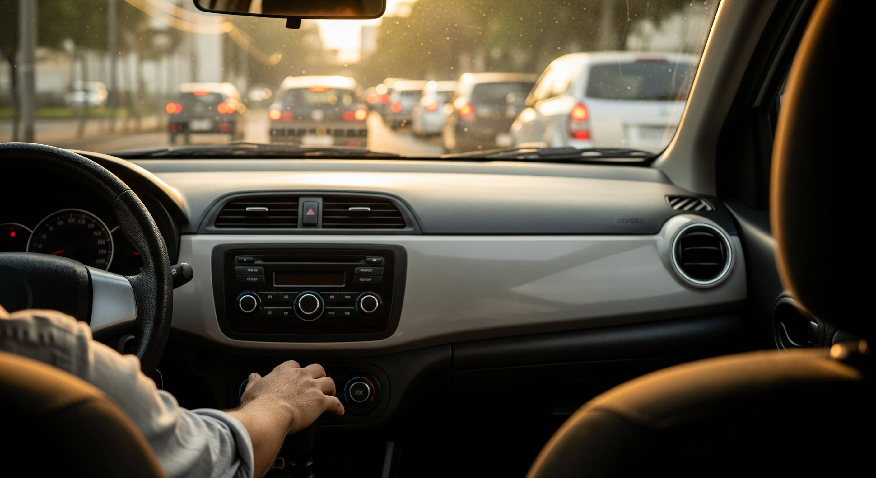 Motorista com a mão na alavanca de câmbio em trânsito parado ao entardecer, visto de dentro do carro