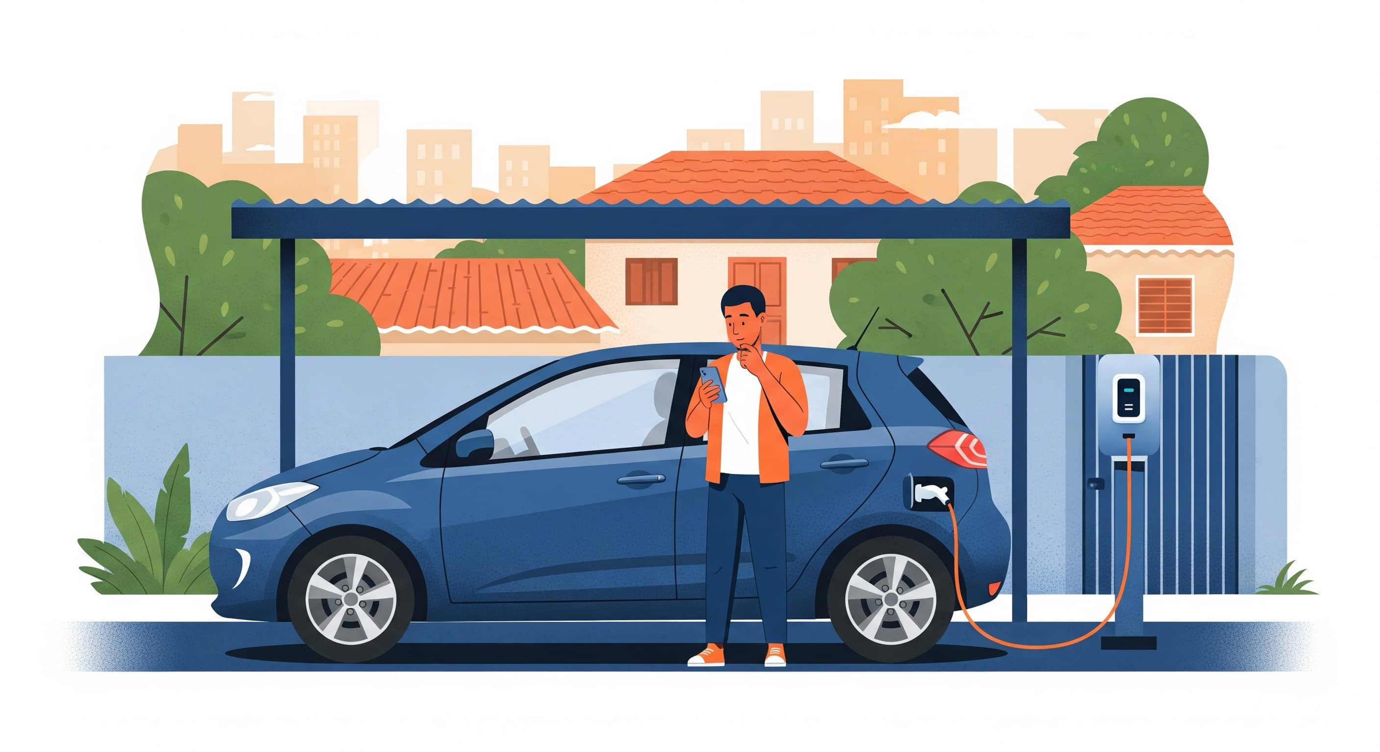 Motorista consulta celular ao lado de carro elétrico azul conectado a carregador residencial