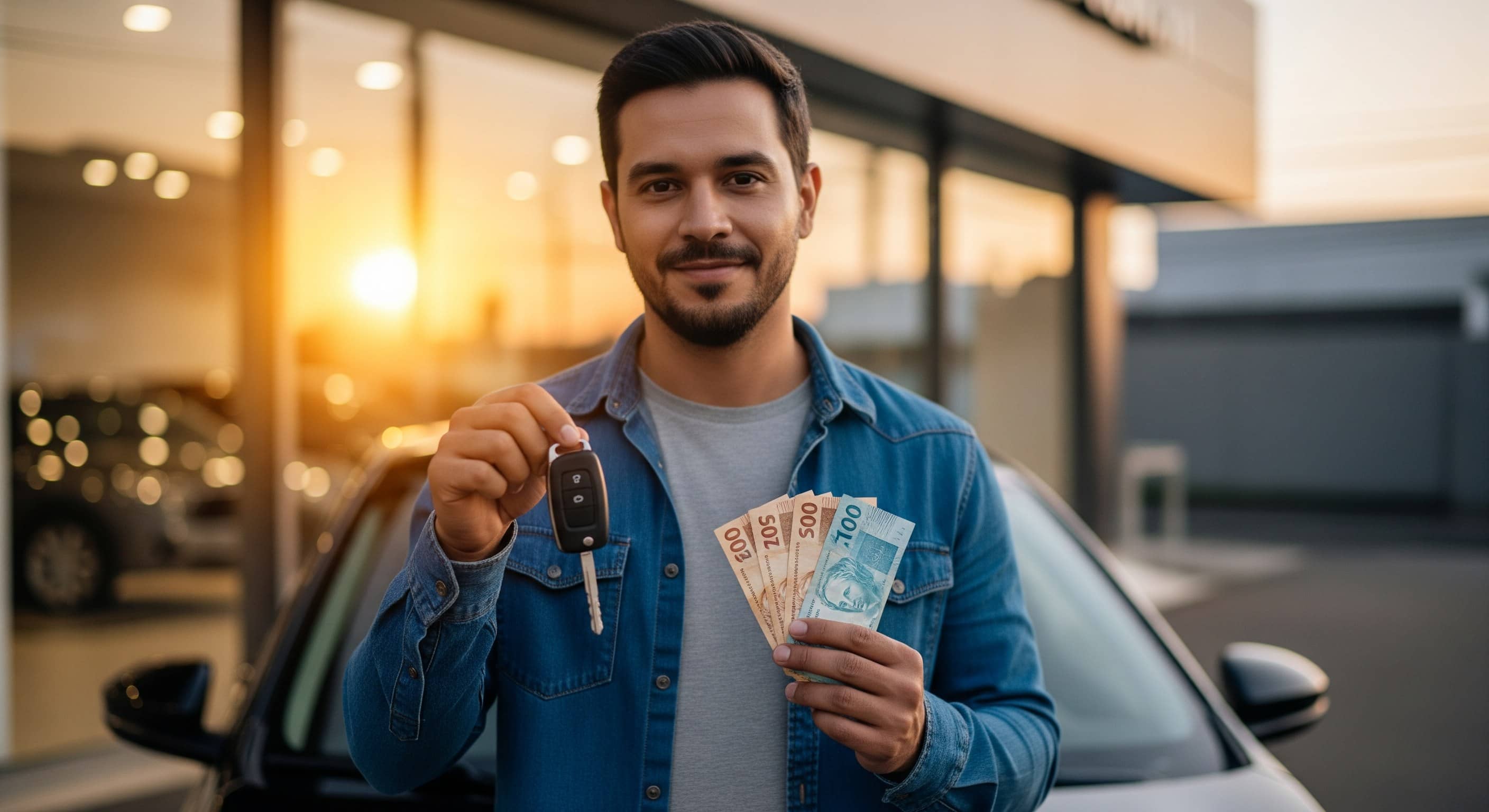 Motorista sorri segurando chave do carro e notas de dinheiro em frente à concessionária ao entardecer
