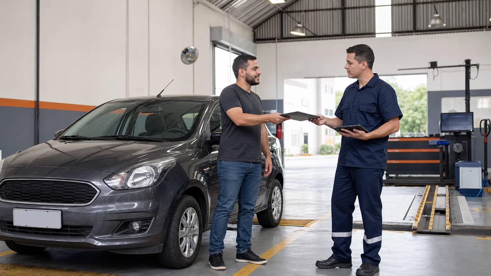 Motorista organiza CRLV e autorização do Detran ao lado de carro em inspeção veicular