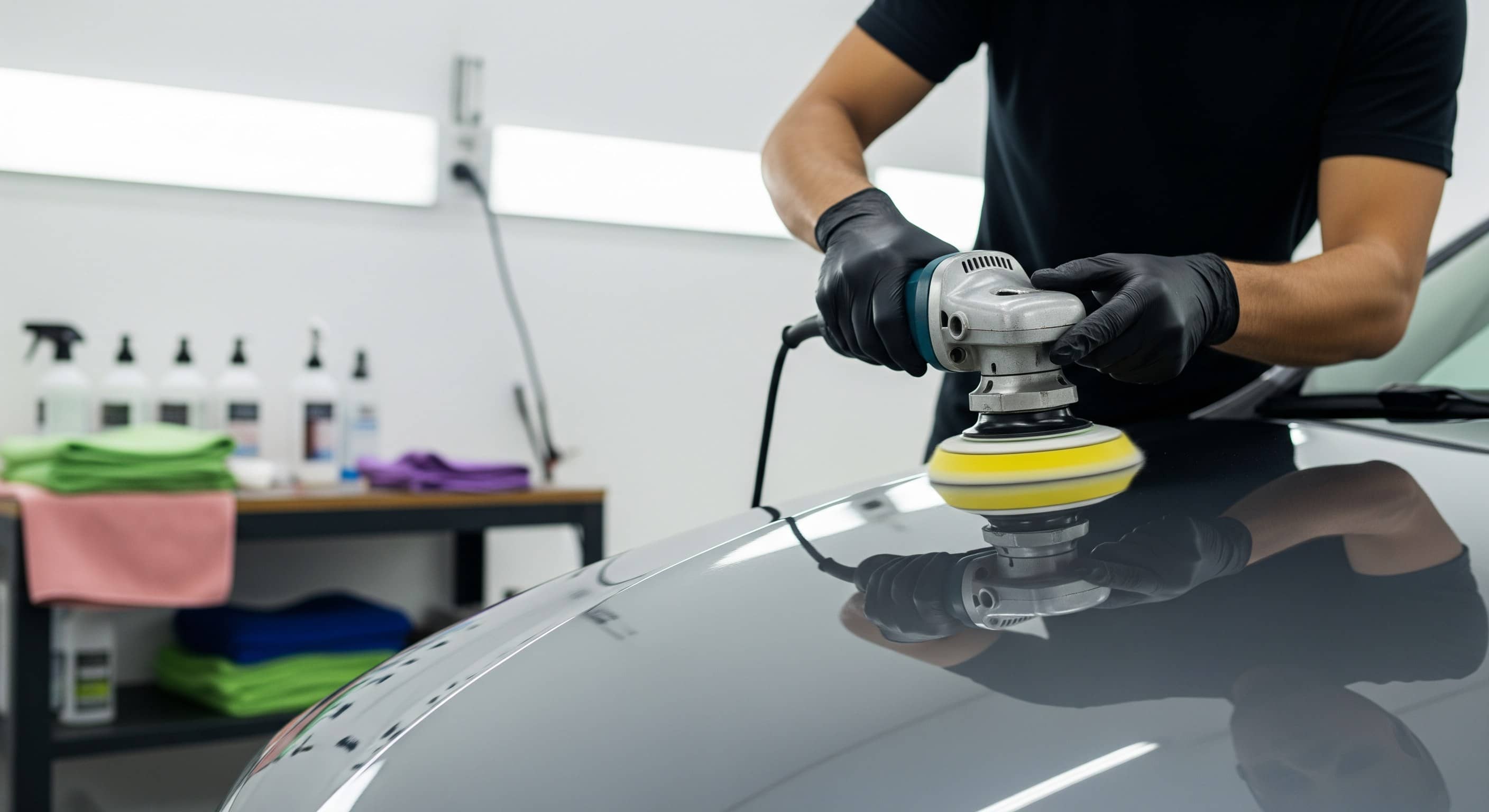 Técnico aplica politriz orbital no capô de carro cinza em oficina de estética automotiva