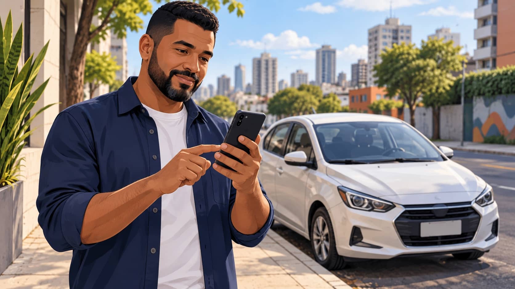 motorista consulta o celular ao lado do carro estacionado junto à calçada