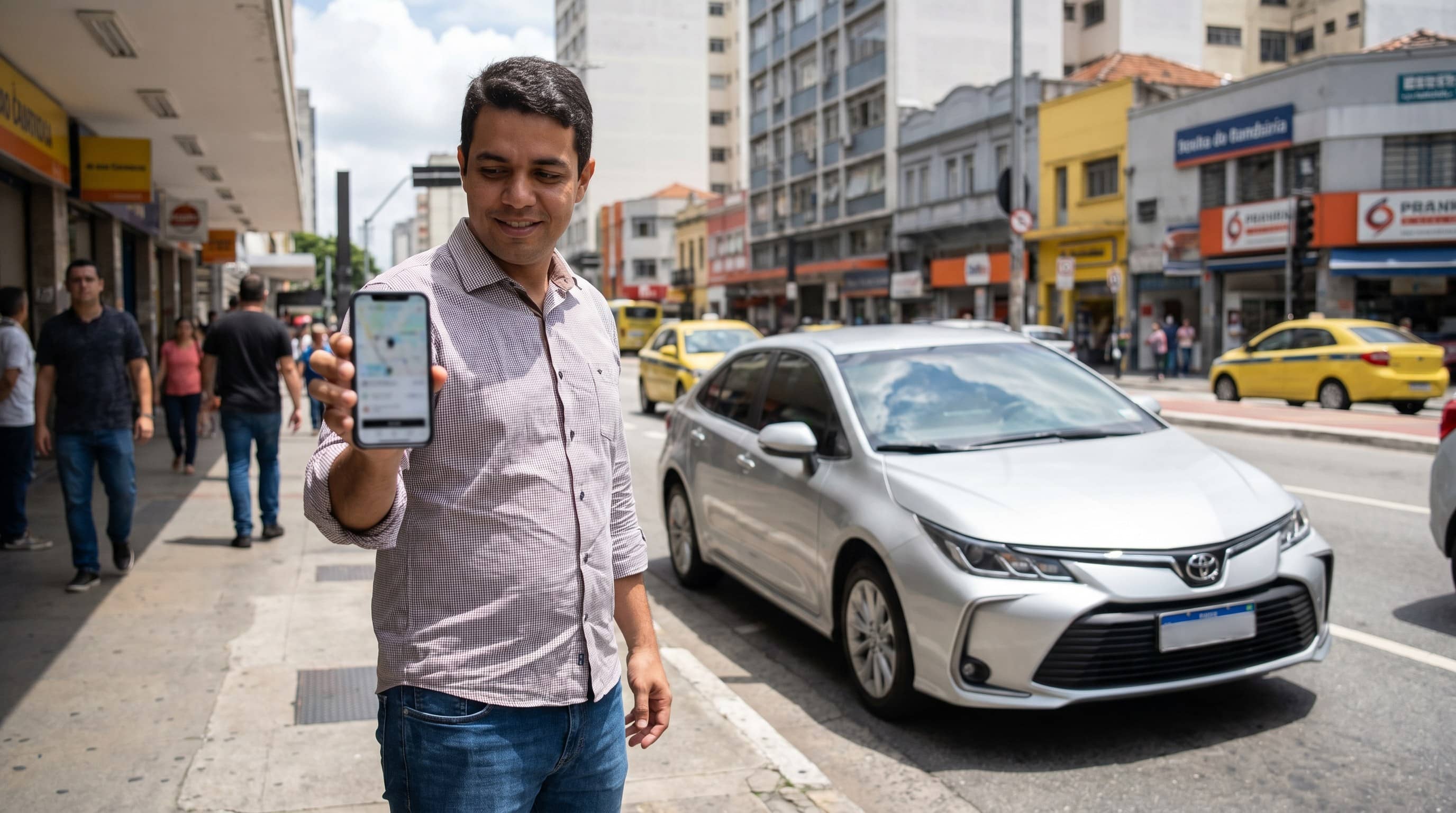 Homem em calçada de rua brasileira mostrando o celular com app de corrida ao lado de um carro prata