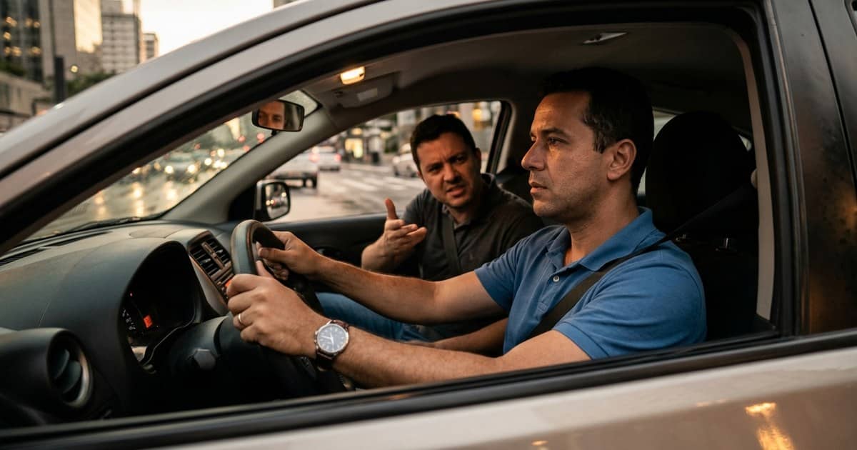 Motorista de aplicativo ignora passageiro visivelmente estressado e gesticulando agressivamente no banco de trás.