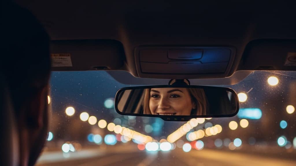 Motorista dirige à noite enquanto o retrovisor reflete o sorriso da passageira no banco de trás.