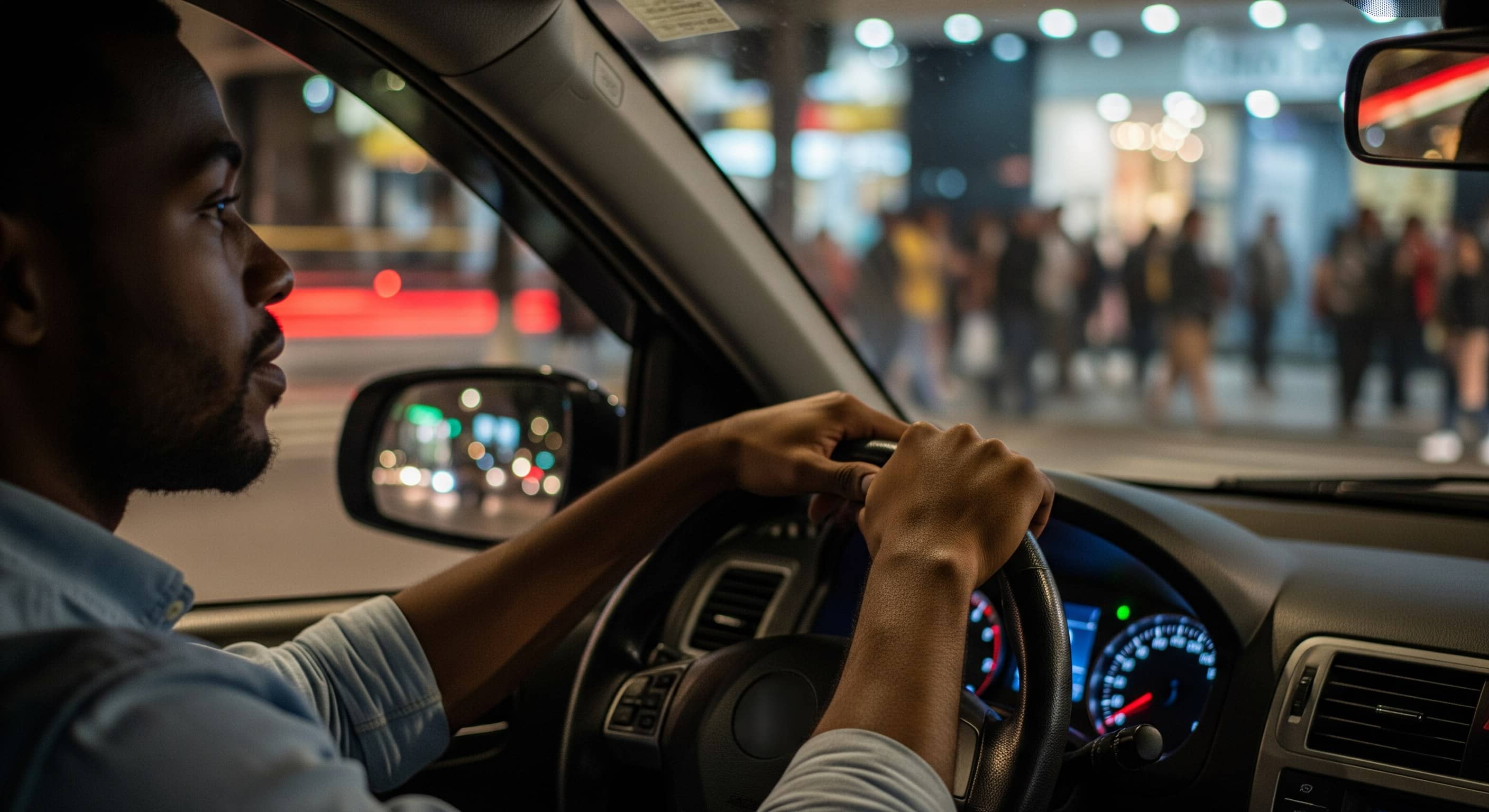 Motorista negro ao volante observa calçada movimentada da cidade à noite pelo vidro do carro
