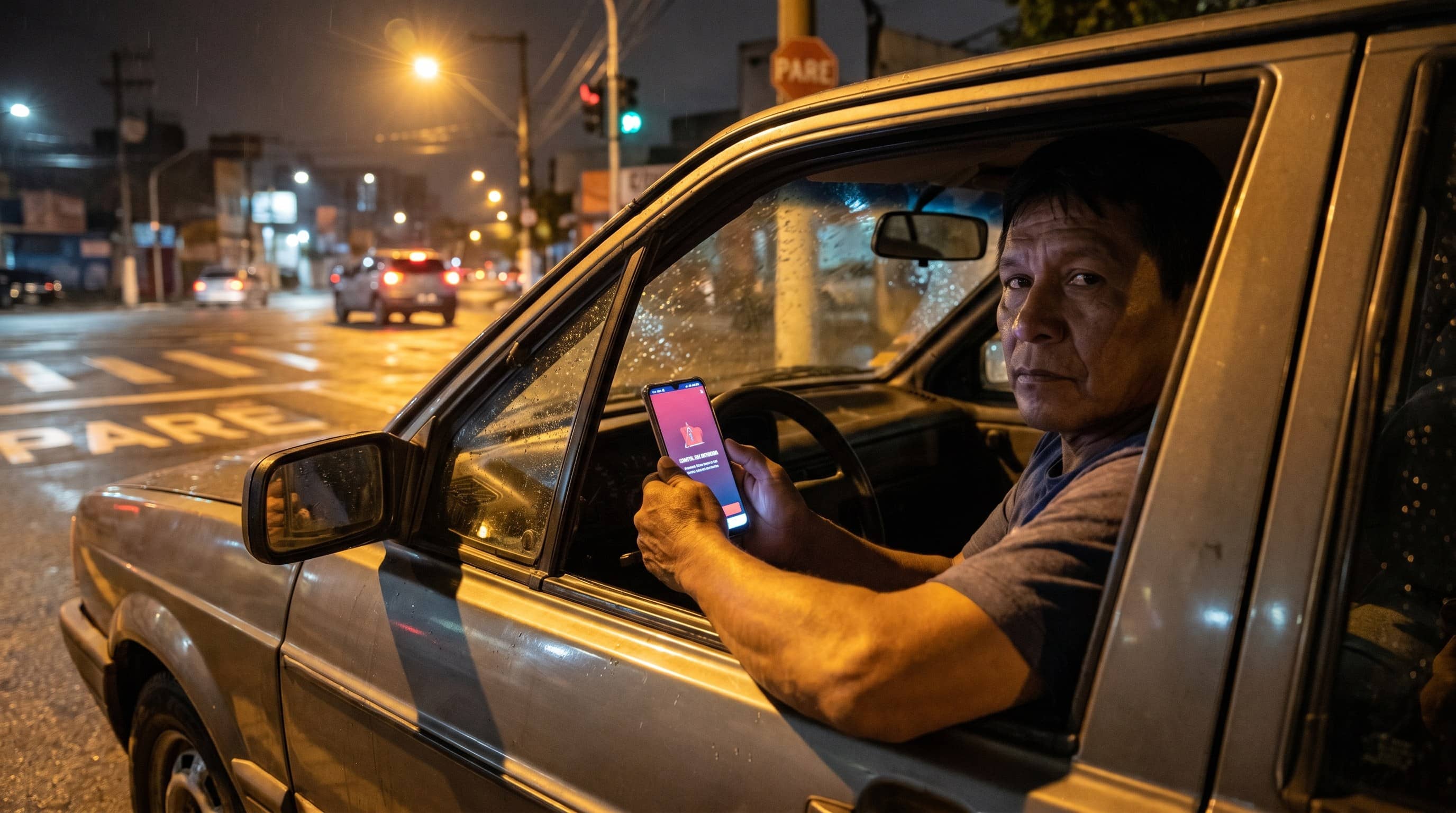Motorista dentro do carro à noite segurando celular com notificação de conta suspensa na tela