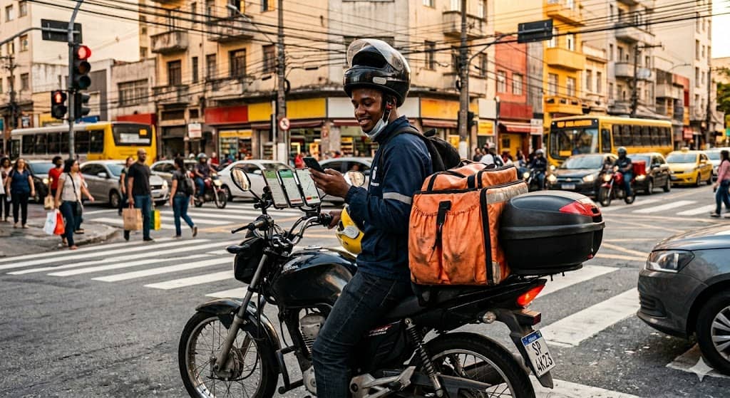 Entregador de moto com mochila térmica laranja atravessa avenida movimentada usando celular