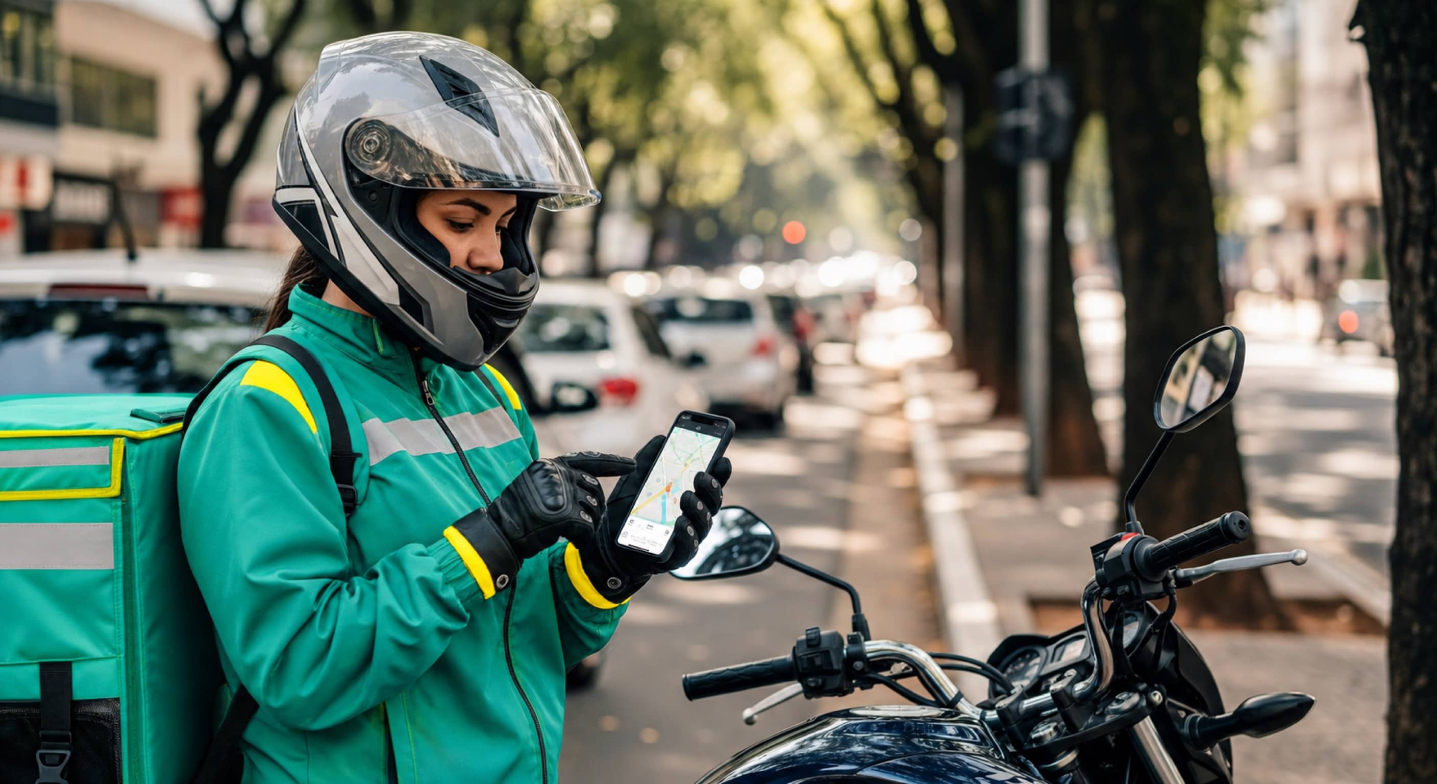 Entregadora de motocicleta confere o celular ao lado de bag térmica em avenida arborizada