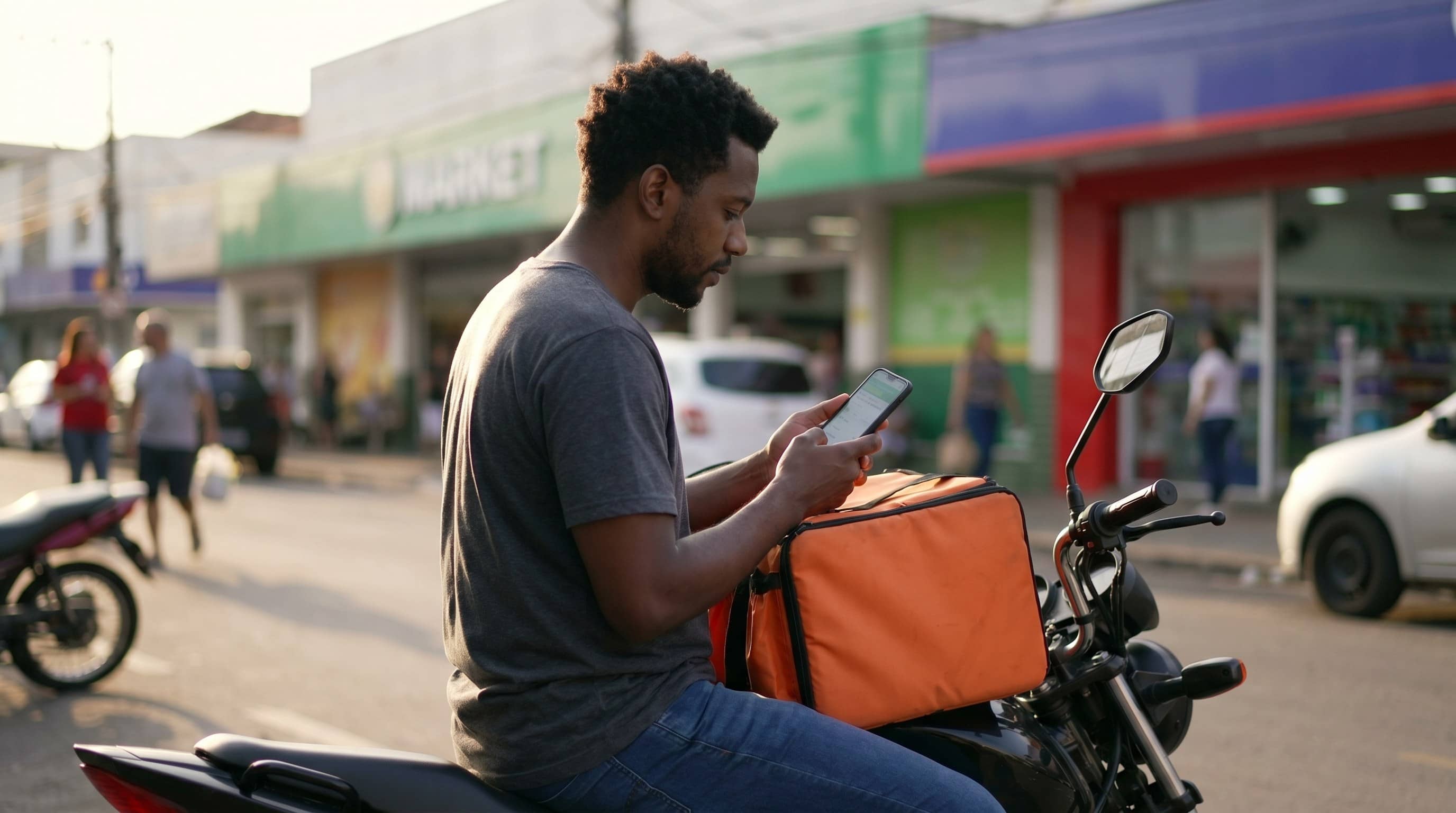 Entregador de moto conferindo celular com bag térmica laranja