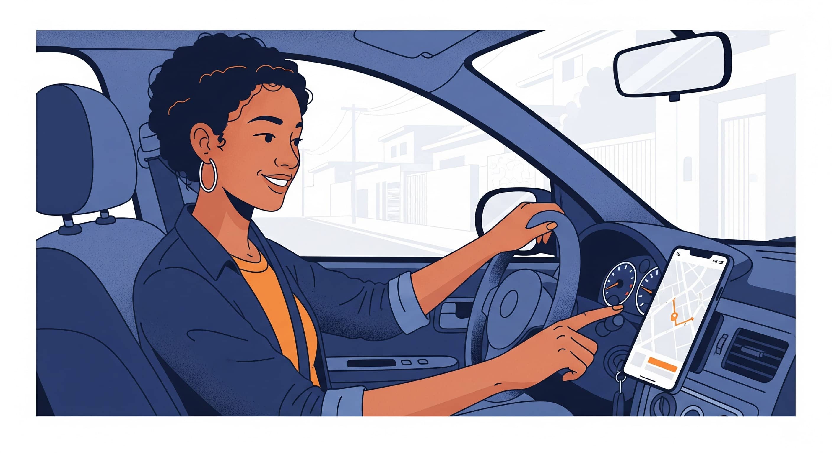 Ilustração de motorista ao volante tocando a tela do celular com mapa no painel do carro