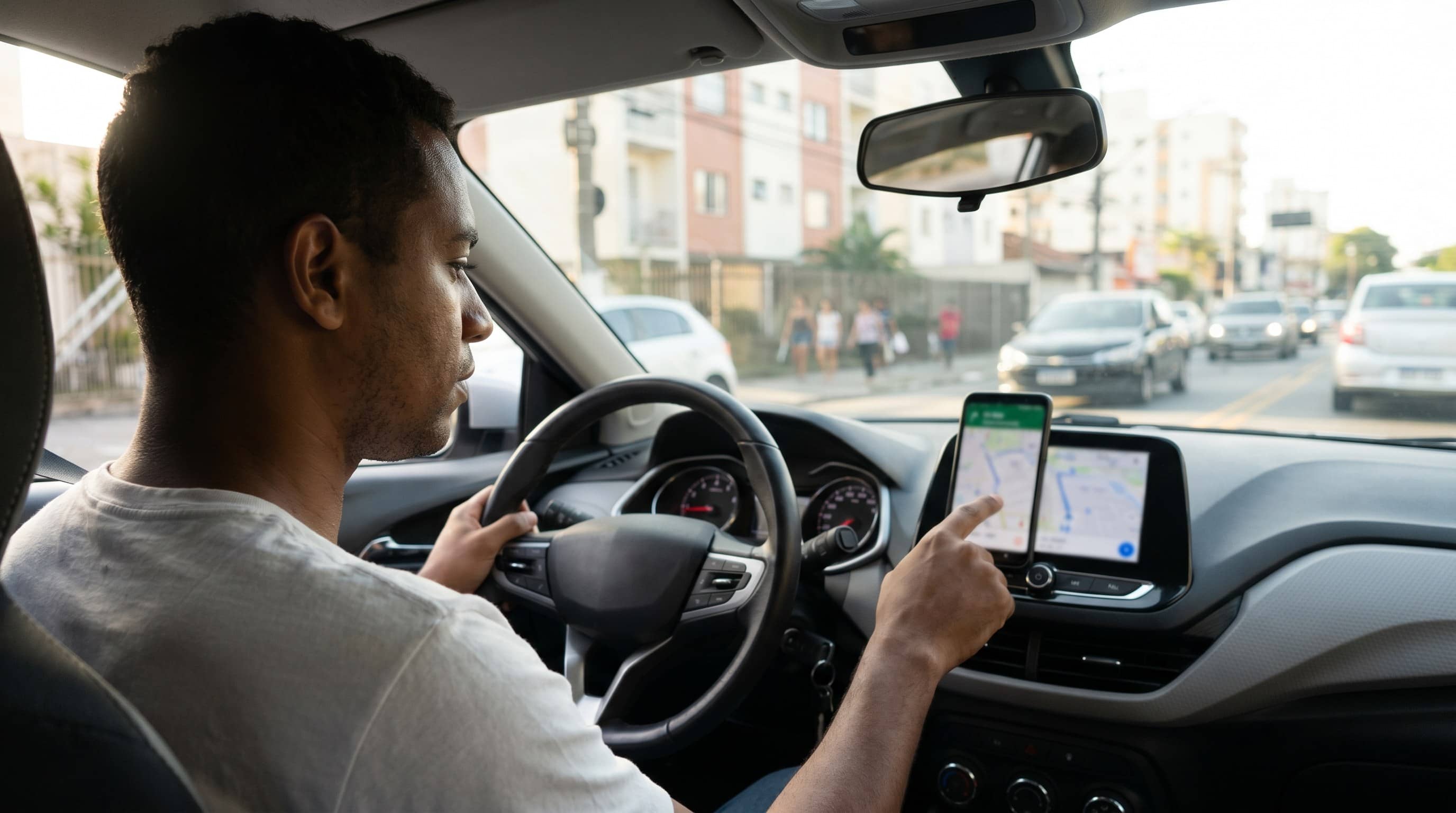 Motorista pardo ao volante consultando GPS no smartphone fixado no painel em rua brasileira