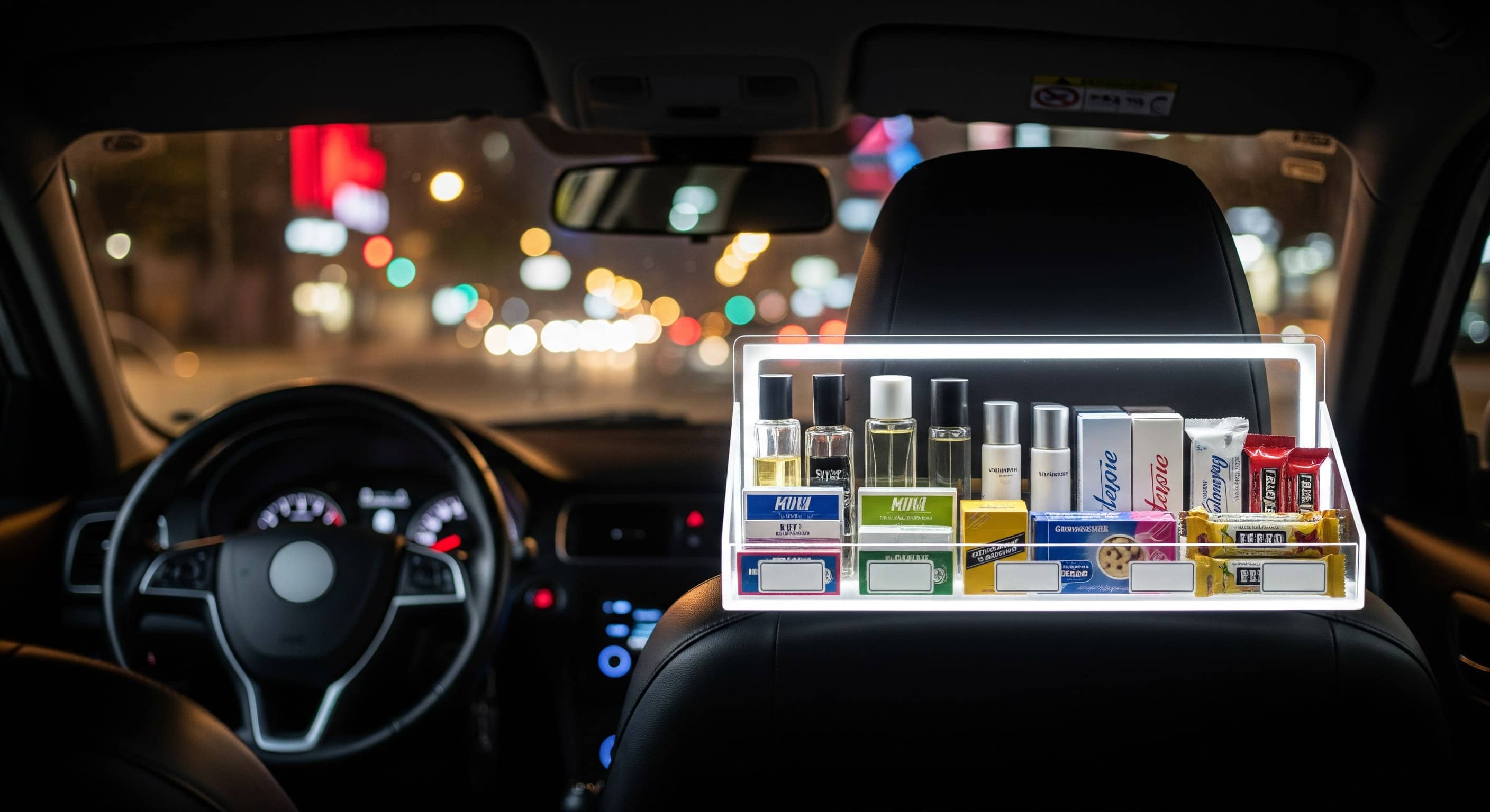 Expositor de acrílico iluminado com perfumes e snacks preso ao encosto dianteiro de um carro à noite