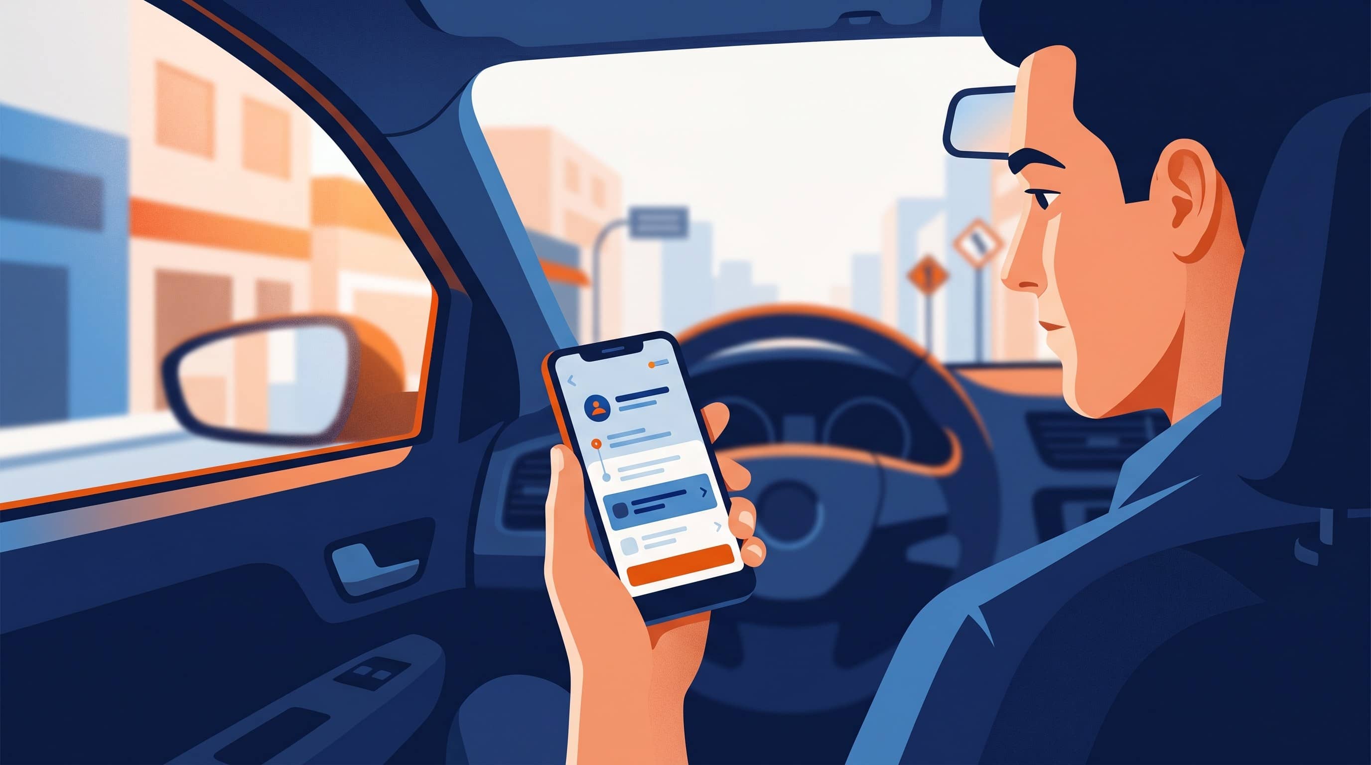 motorista no banco do motorista segurando smartphone com aplicativo de suporte aberto, volante e rua ao fundo