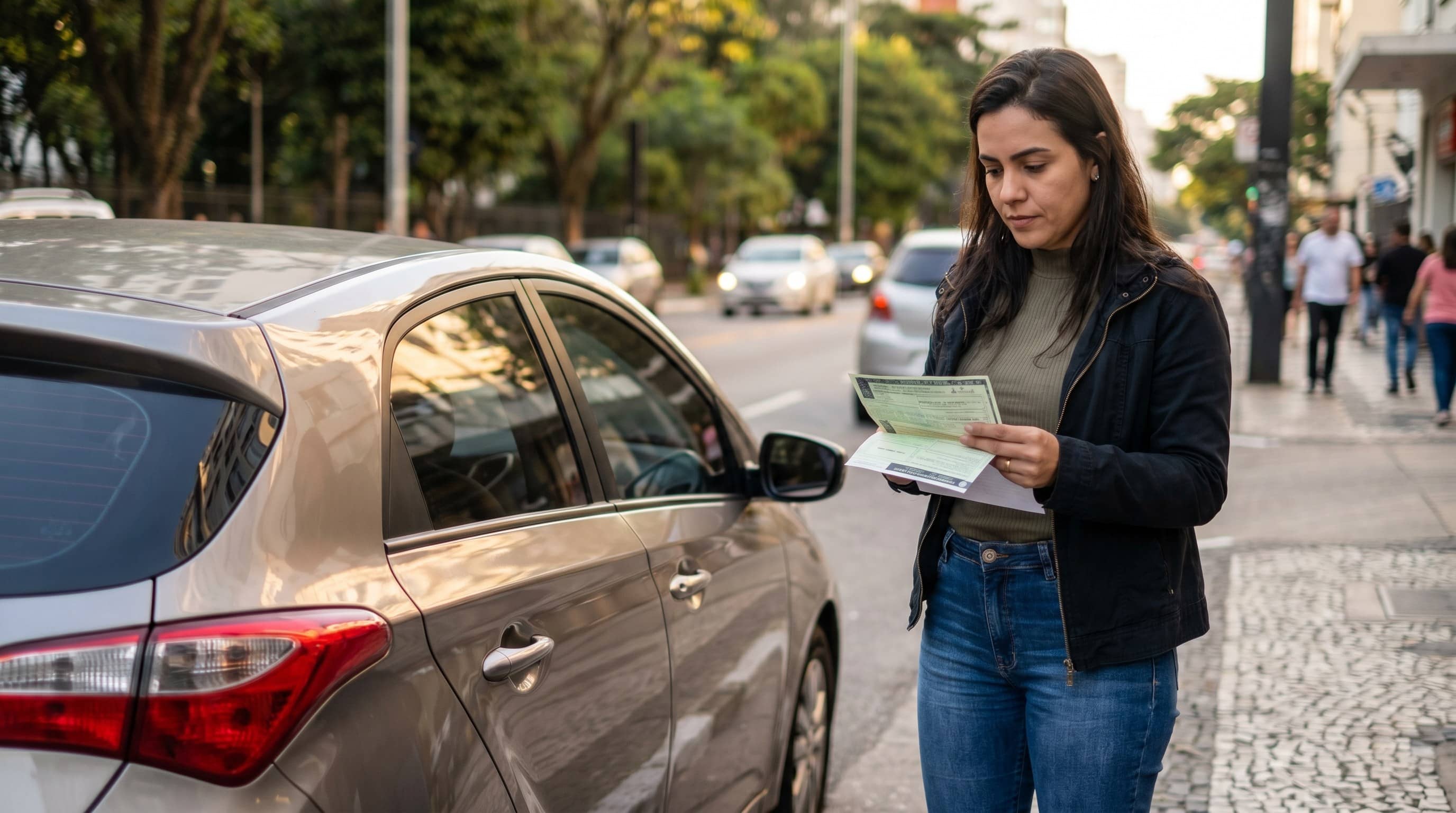 Motorista ao lado de um carro conferindo documentos em uma rua de São Paulo