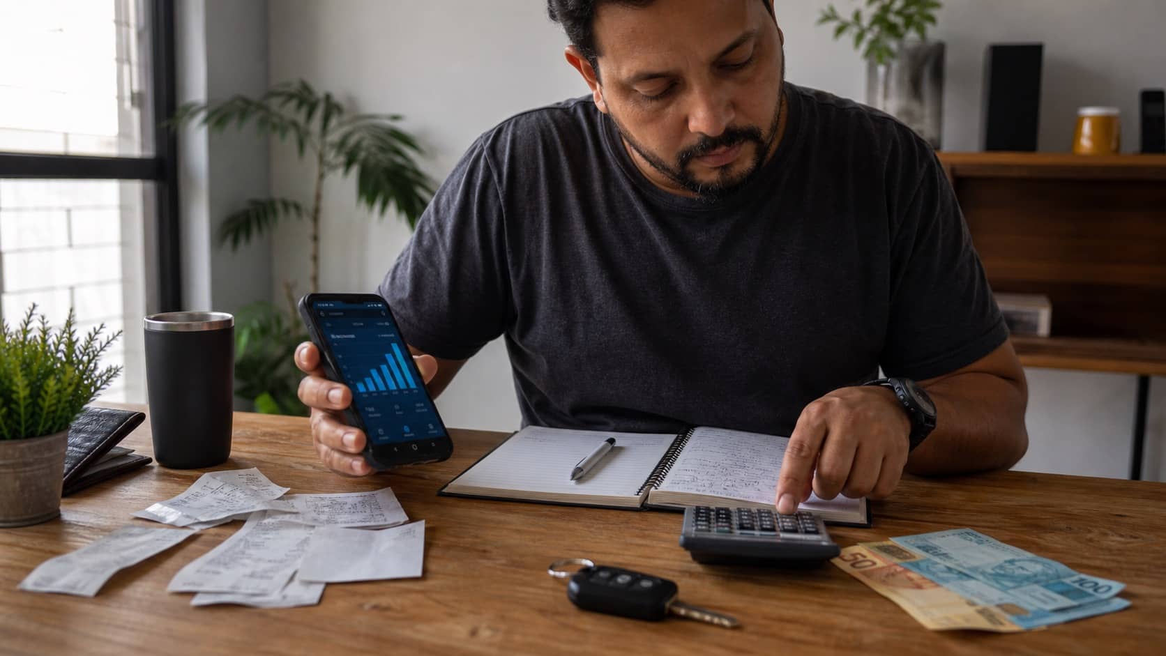 Motorista organiza recibos, celular e calculadora para declarar imposto de renda