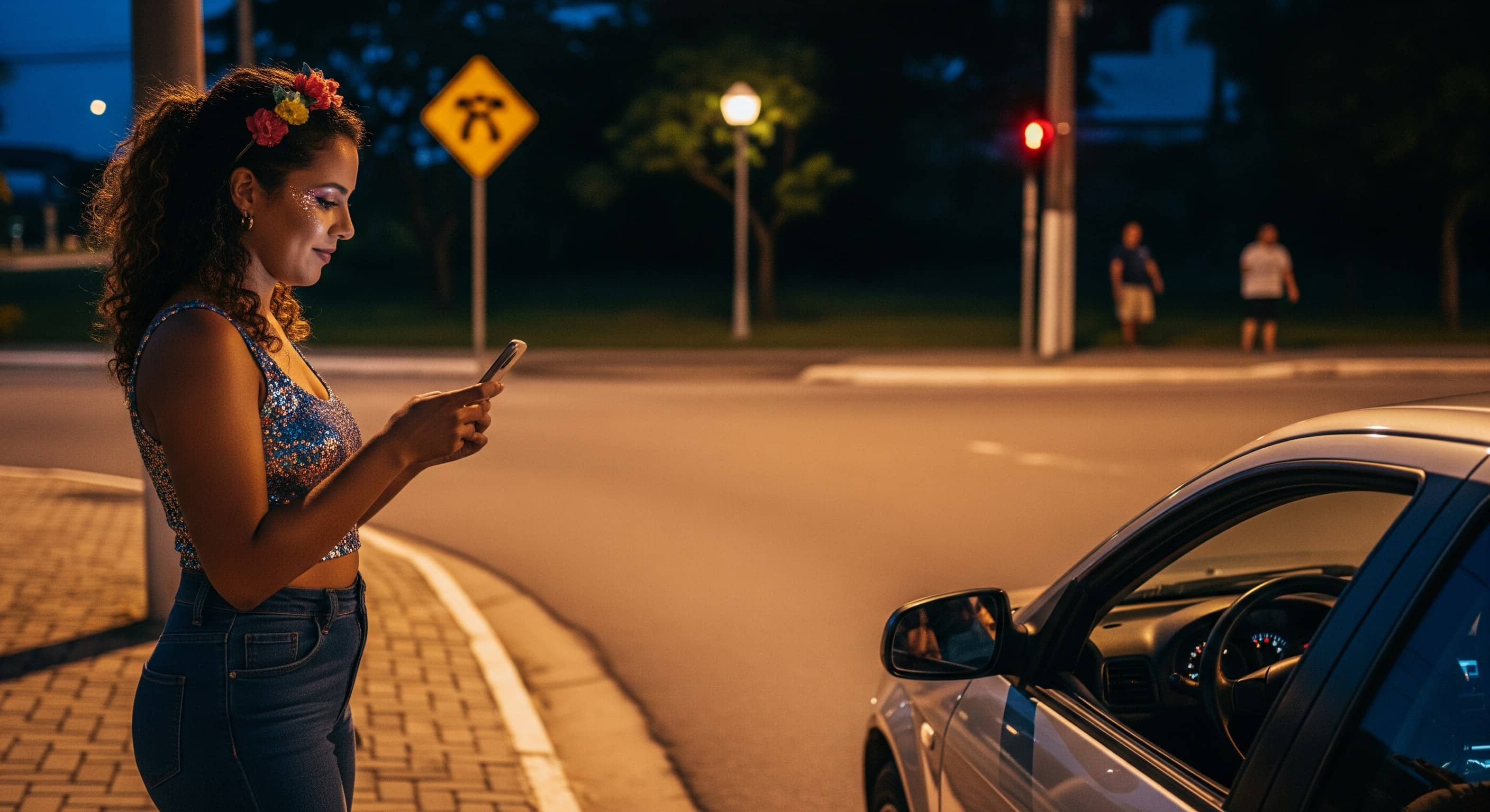 Passageira com fantasia de Carnaval consulta celular ao lado de carro em rua iluminada.