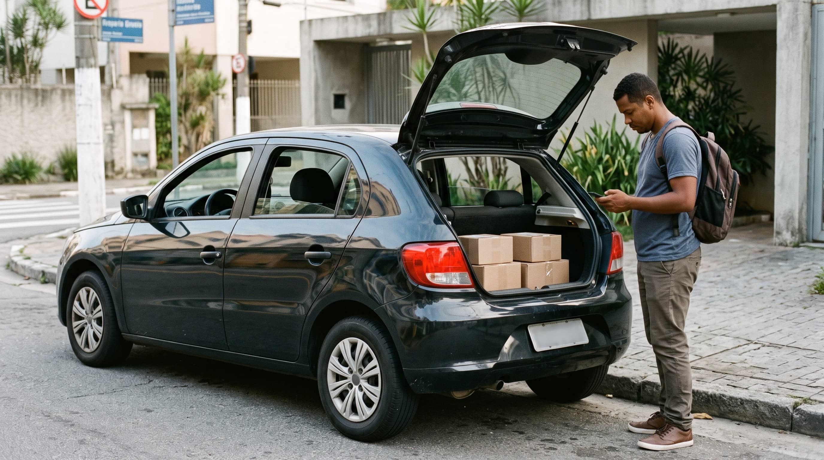 Entregador consulta o celular ao lado de um hatch com caixas no porta-malas aberto