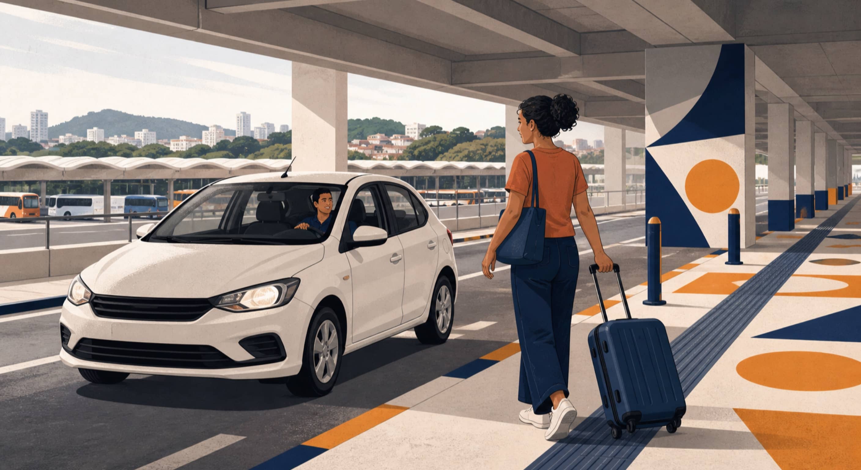 Ilustração de passageira com mala chegando ao carro em terminal rodoviário
