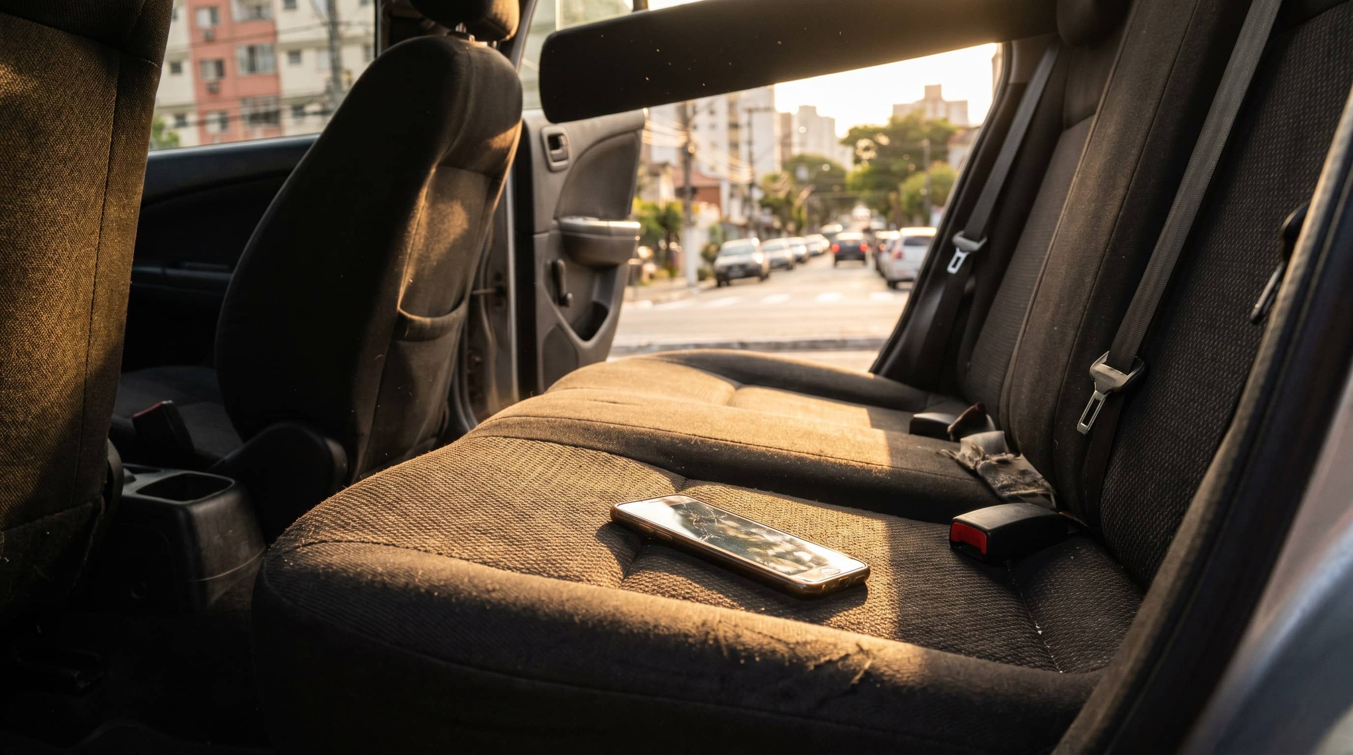 Celular esquecido sobre o banco traseiro de tecido de um carro com porta aberta para a rua.
