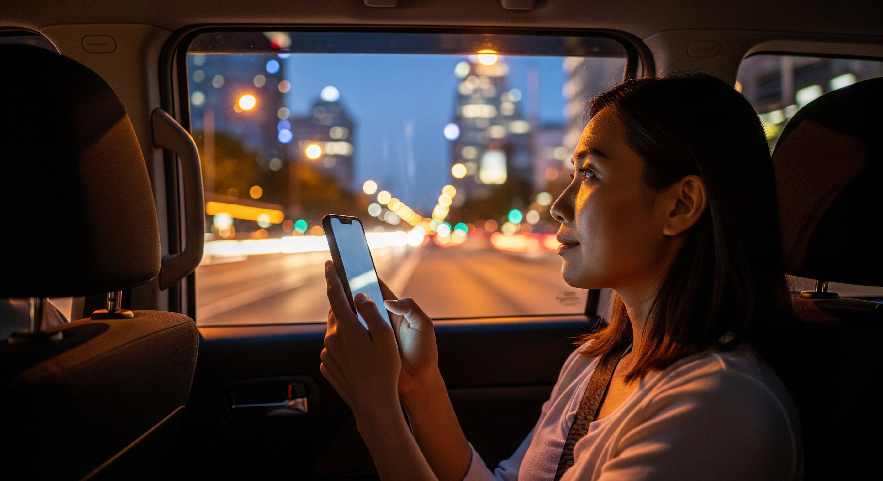 Passageira no banco traseiro à noite segura o celular e observa as luzes da cidade pela janela.