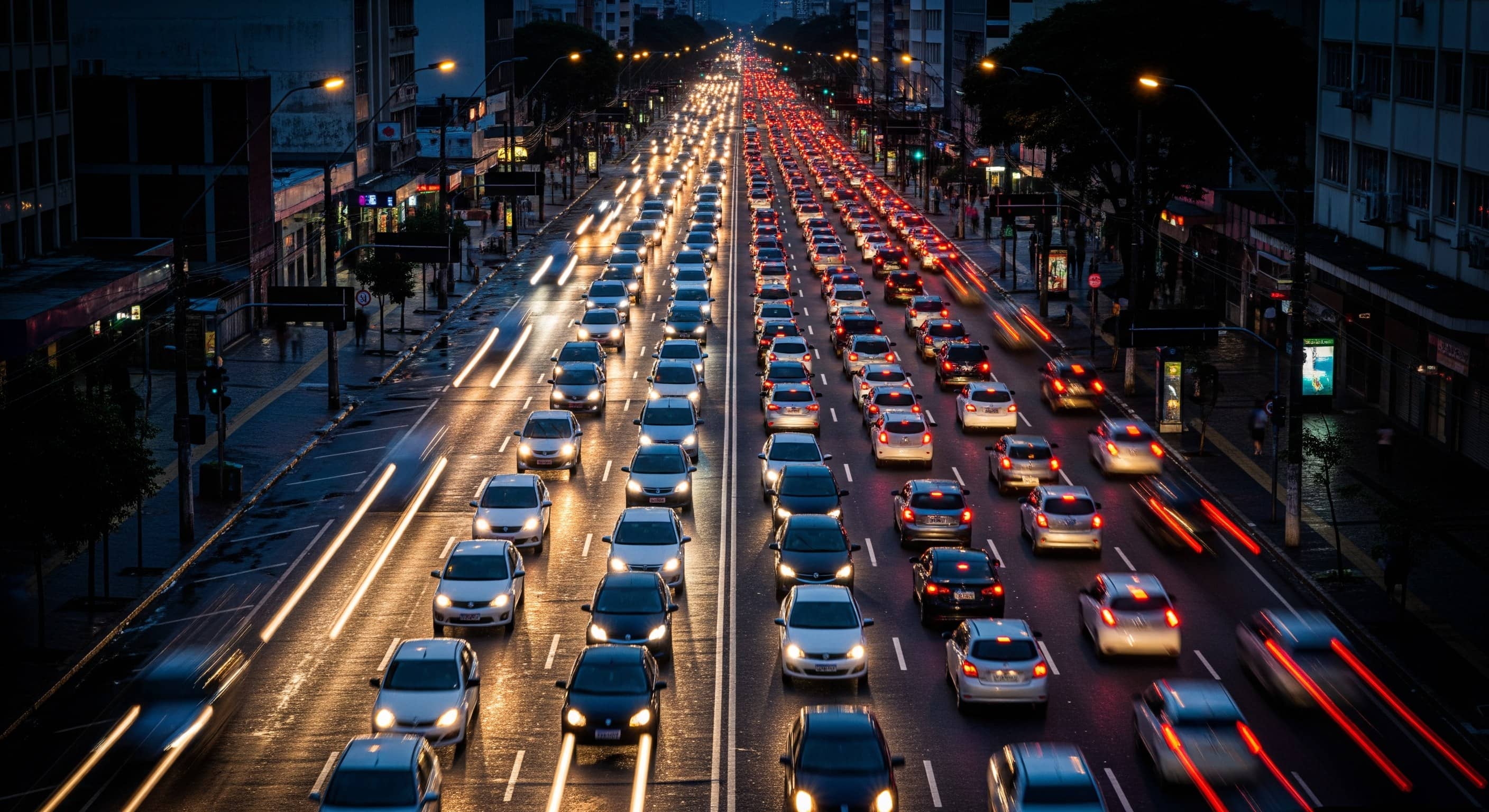 Vista aérea de avenida movimentada à noite com fileiras de carros formando rastros de luz