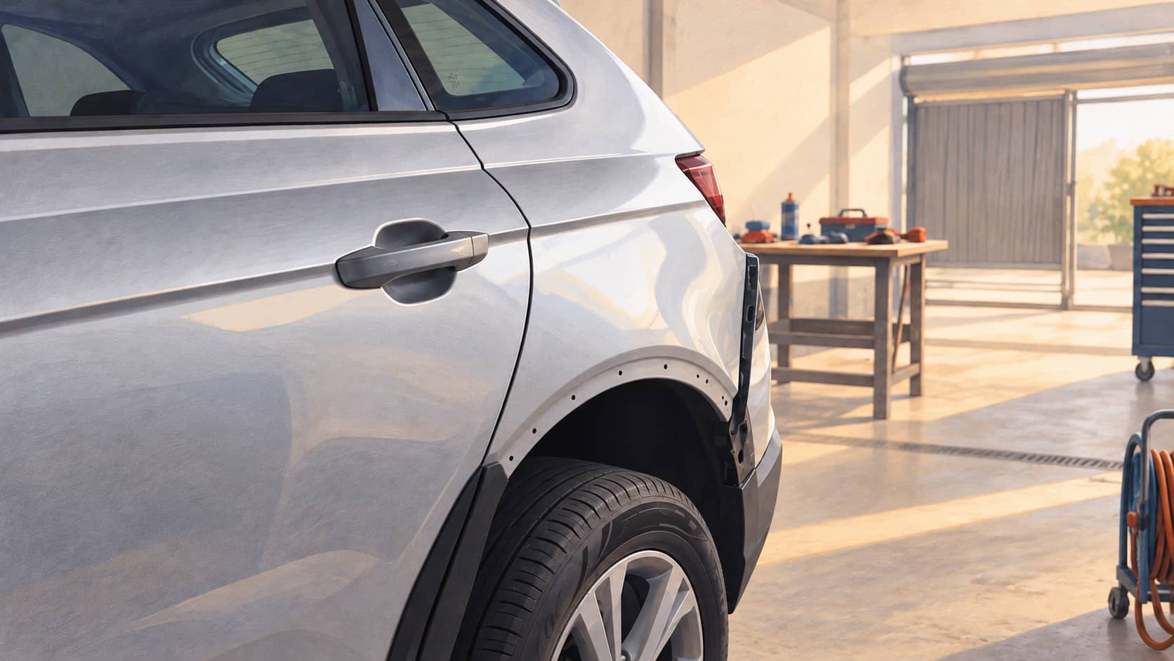 Ilustração de SUV cinza na garagem, com pintura reparada e sem acabamento plástico no para-lama traseiro