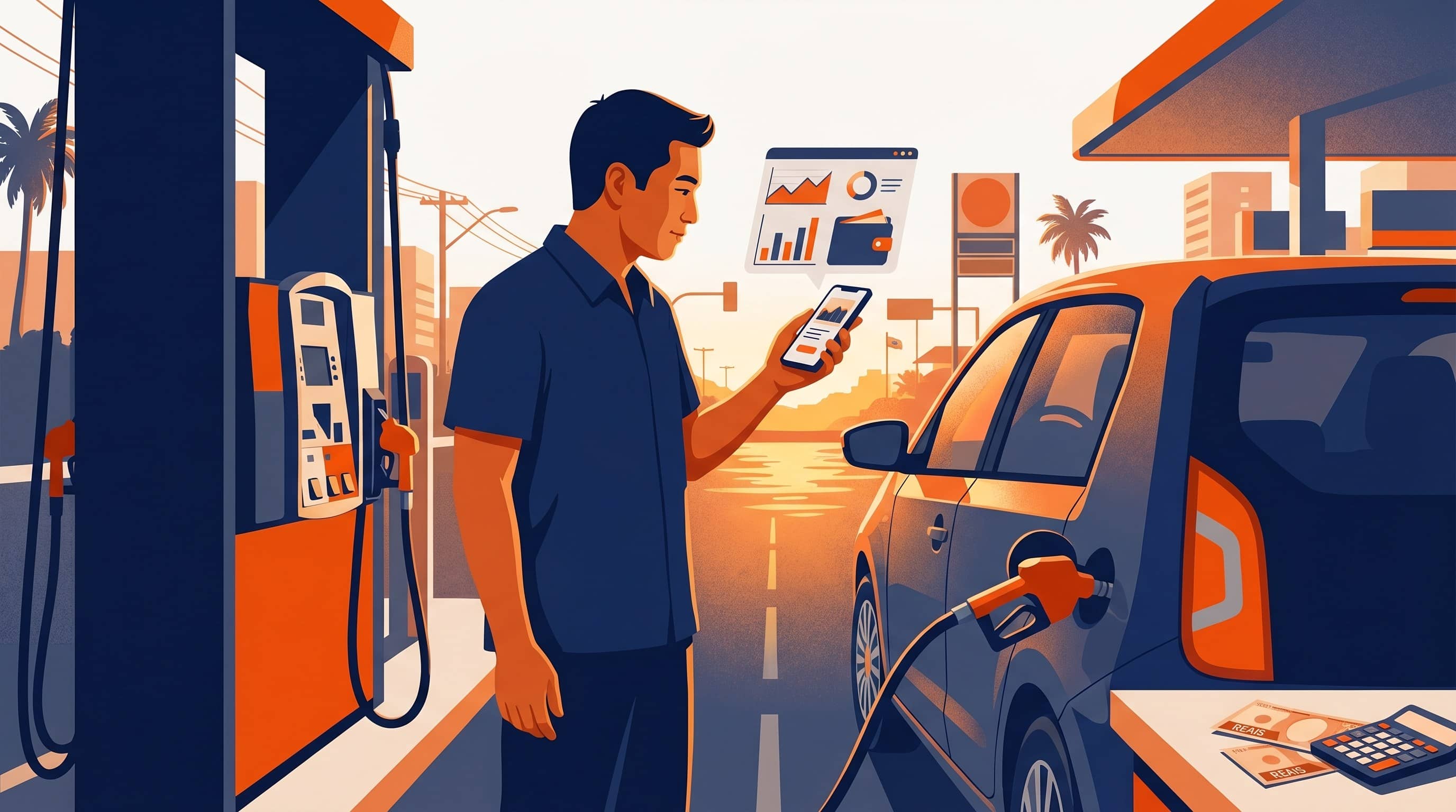 Ilustração de motorista conferindo o celular ao lado do carro abastecendo em posto ao entardecer