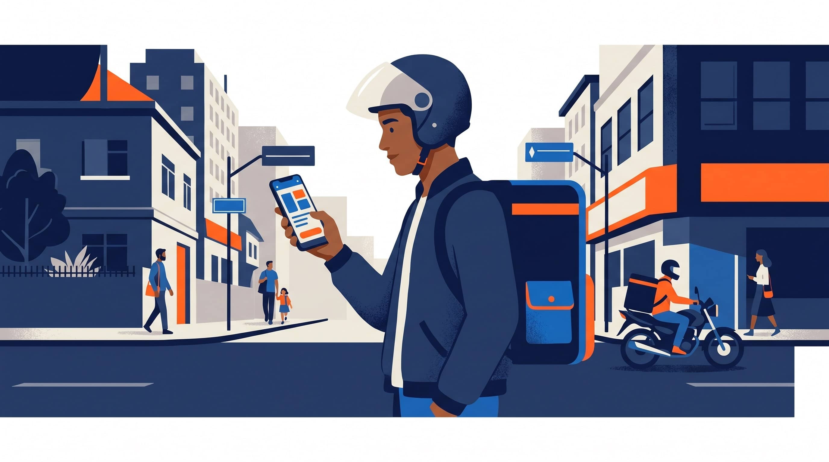 Entregador de moto consulta celular em avenida urbana brasileira