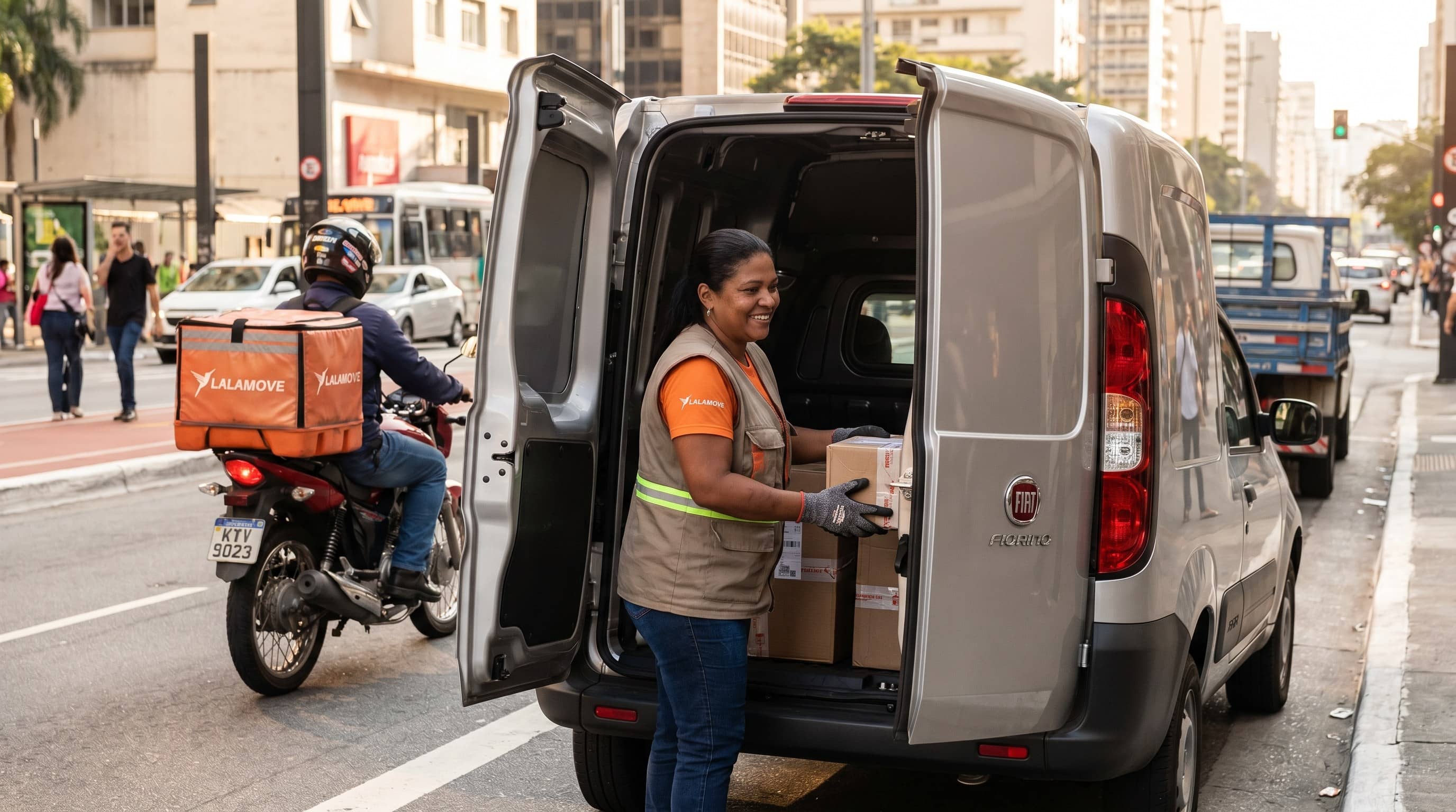 Entregadora retirando caixas de um Fiat Fiorino enquanto um motociclista de entregas passa ao lado