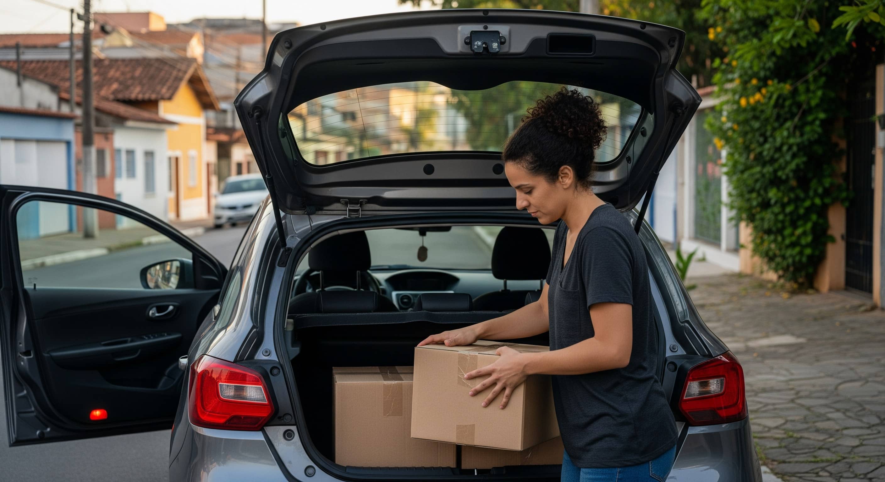 Entregadora organiza caixas no porta-malas de carro em rua residencial