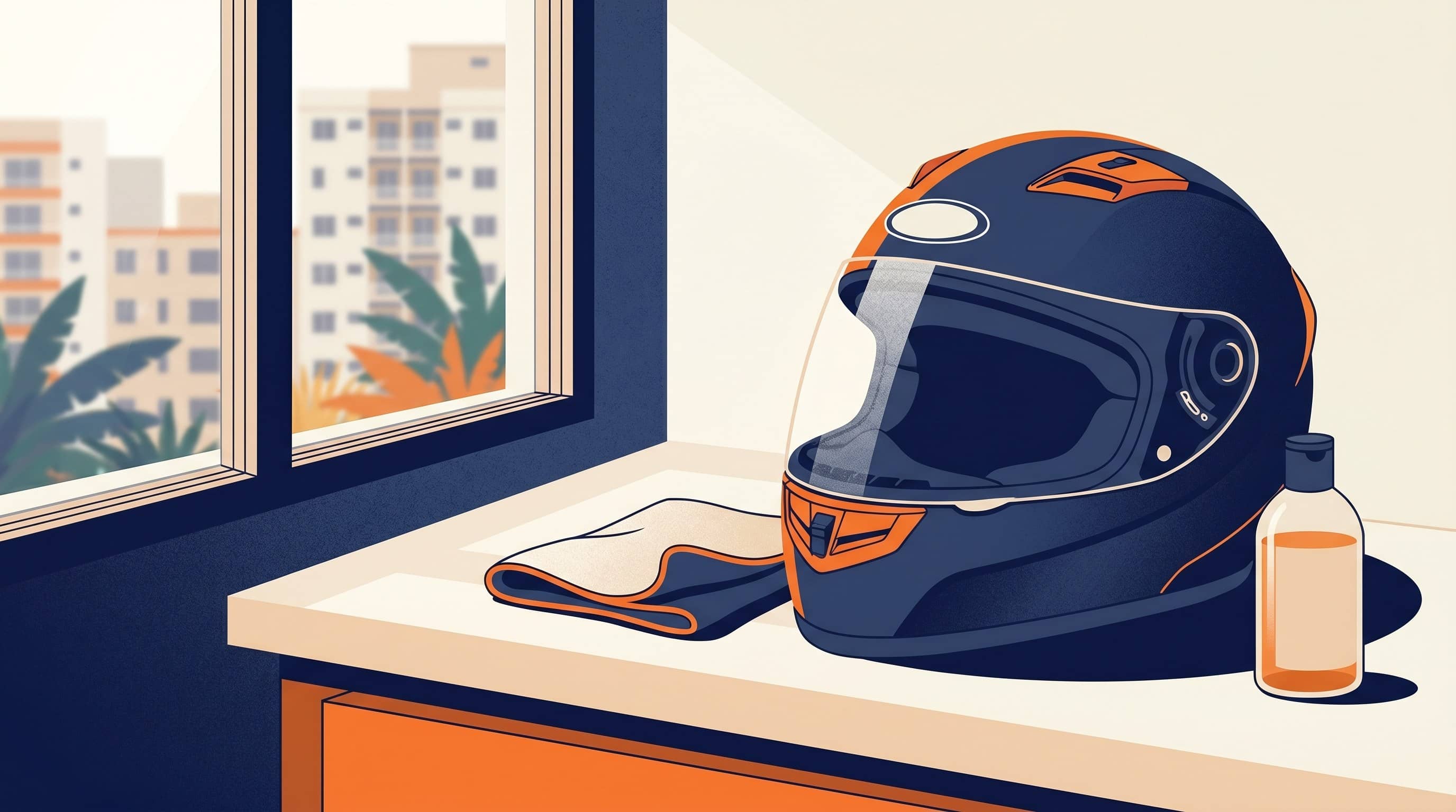 Capacete integral azul-marinho apoiado em bancada com pano dobrado e frasco de sabão ao lado