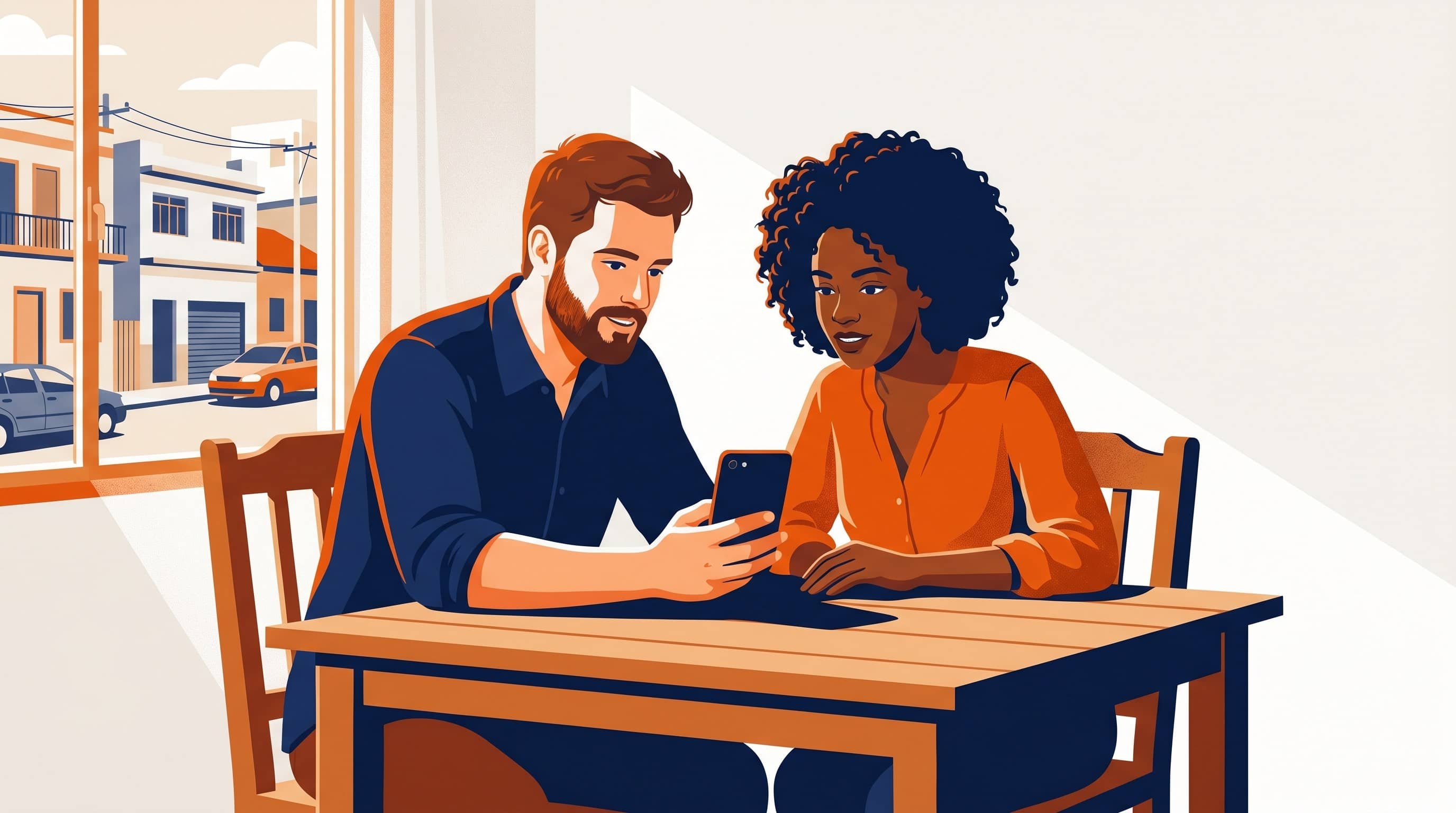 Casal sentado à mesa de casa olhando juntos para um celular com rua brasileira ao fundo