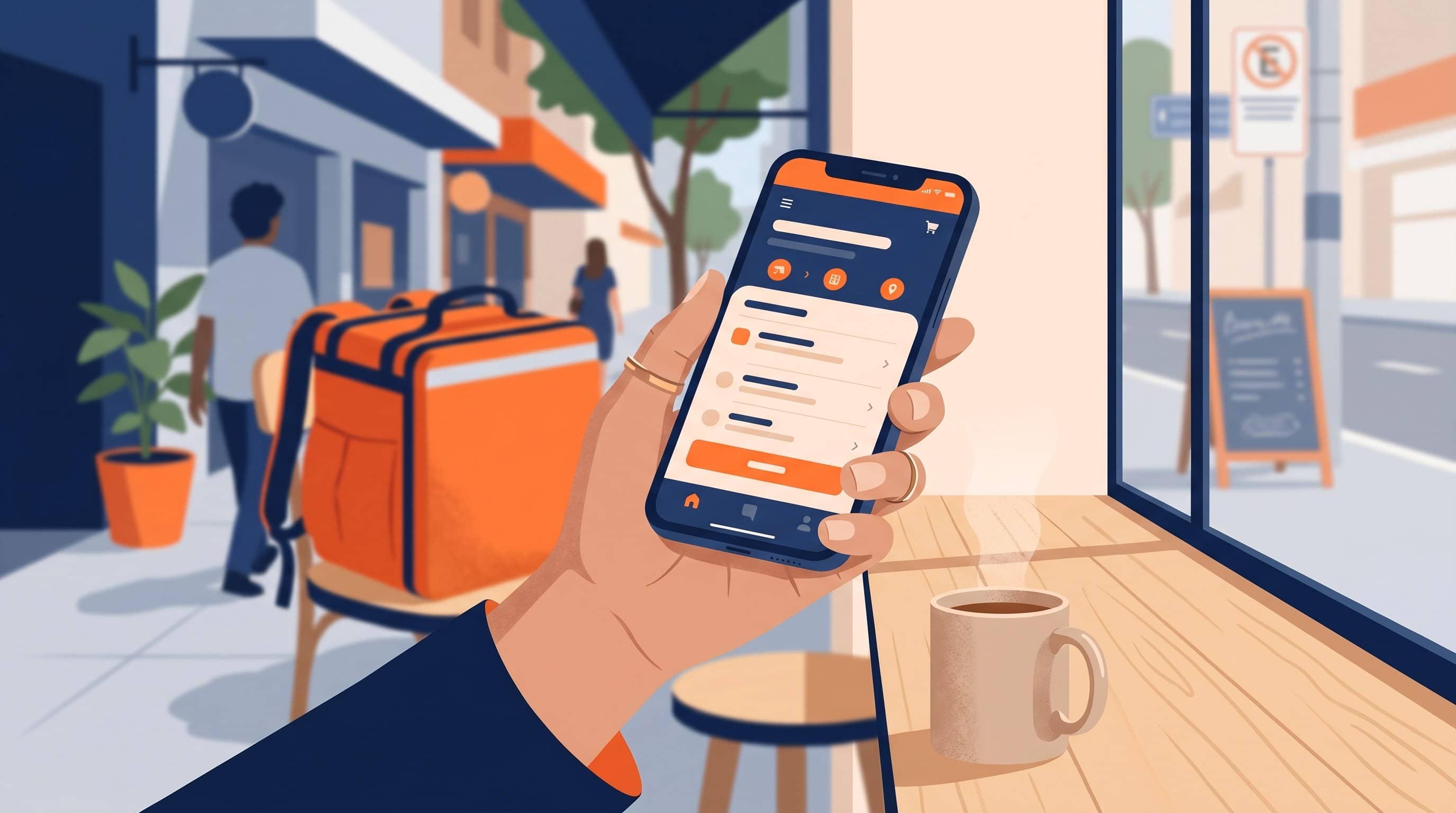 Mão segurando smartphone com app aberto, mochila laranja de delivery e calçada urbana ao fundo