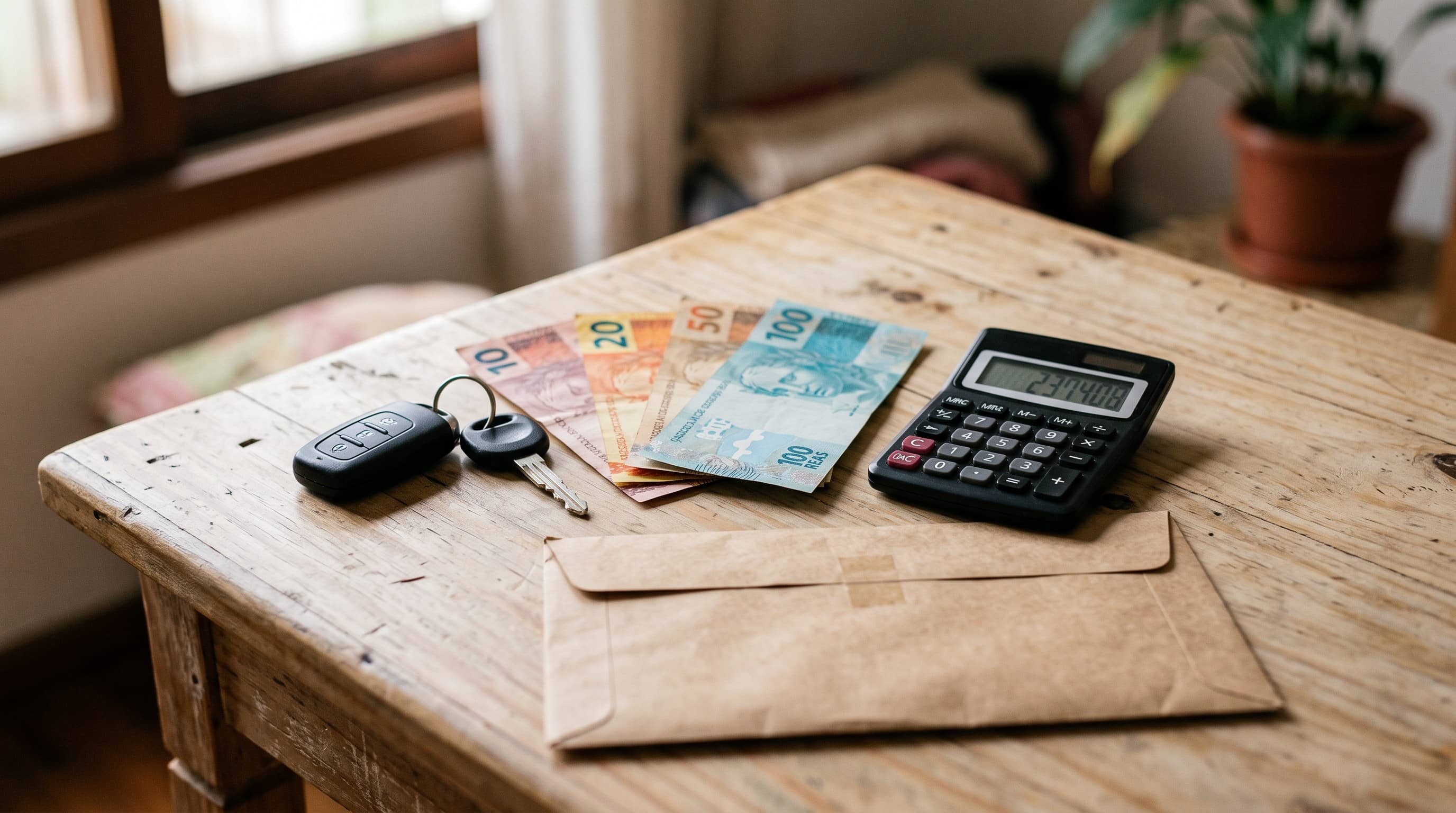 Chave de carro, notas de real e calculadora sobre mesa de madeira, ao lado de envelope pardo